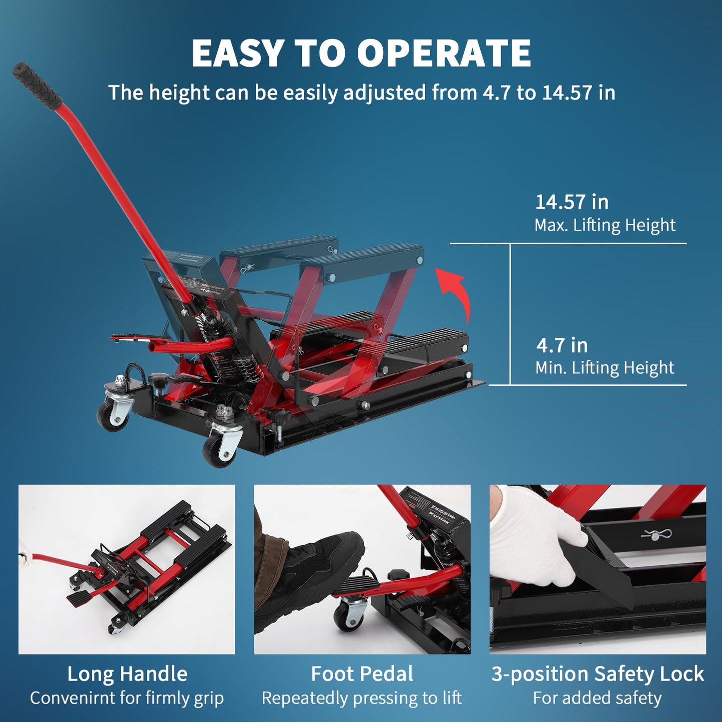 Hydraulic Motorcycle Lift Jack, 1500LB Capacity Scissor Jack for Dirt Bikes & ATVs, 4.7-14.57 Inch Lift Height, Non-Slip Platform & 360° Swivel Casters, Red Garage Lift