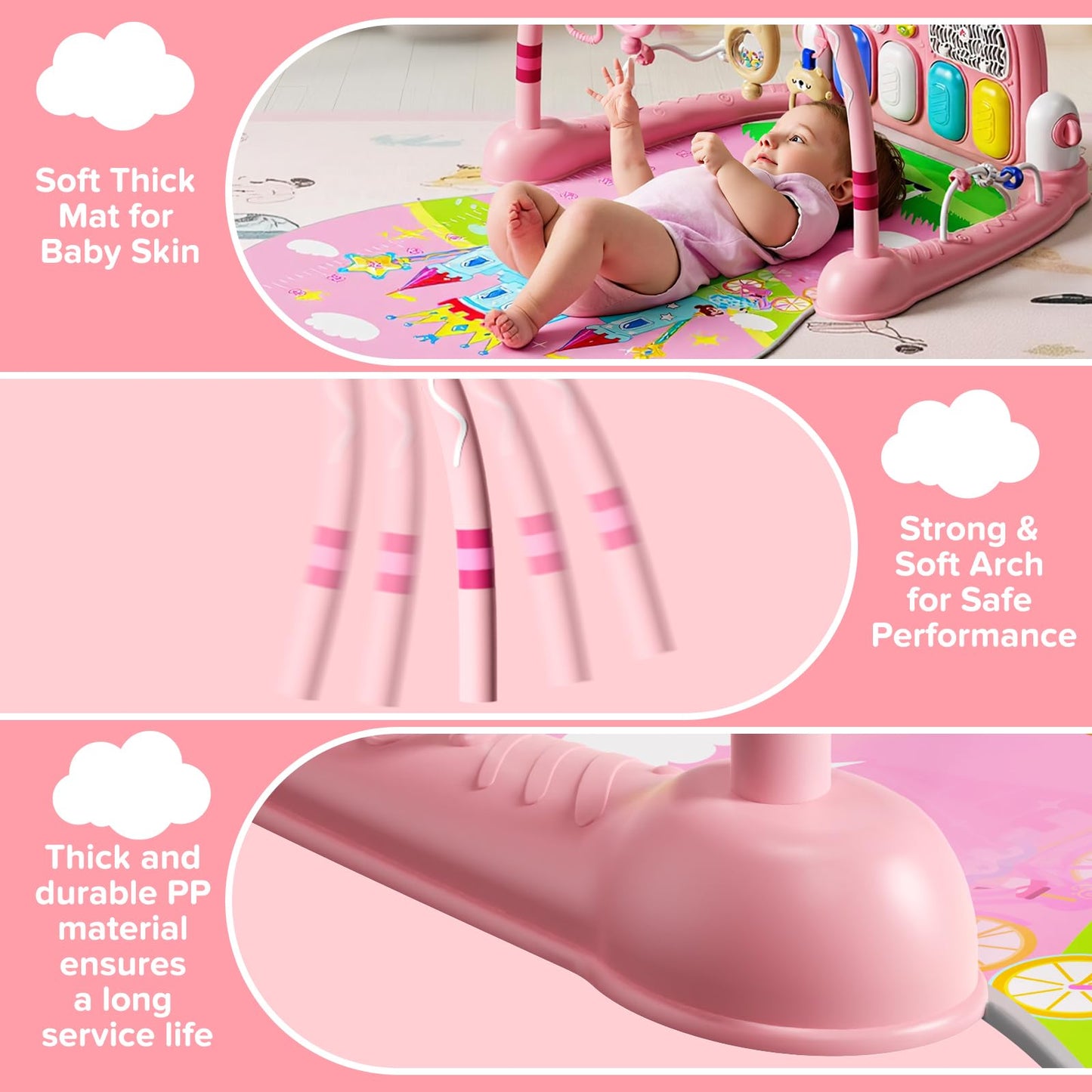 Baby Play Mat Kick and Play Piano Gym，Baby Floor Play Gym Tummy Time Mat，Baby Activity Mat with Music Lightsat and Sensory Toys Boy & Girl Gifts for Infant Newborn 0 to 3 6 9 12 Months (Pink)