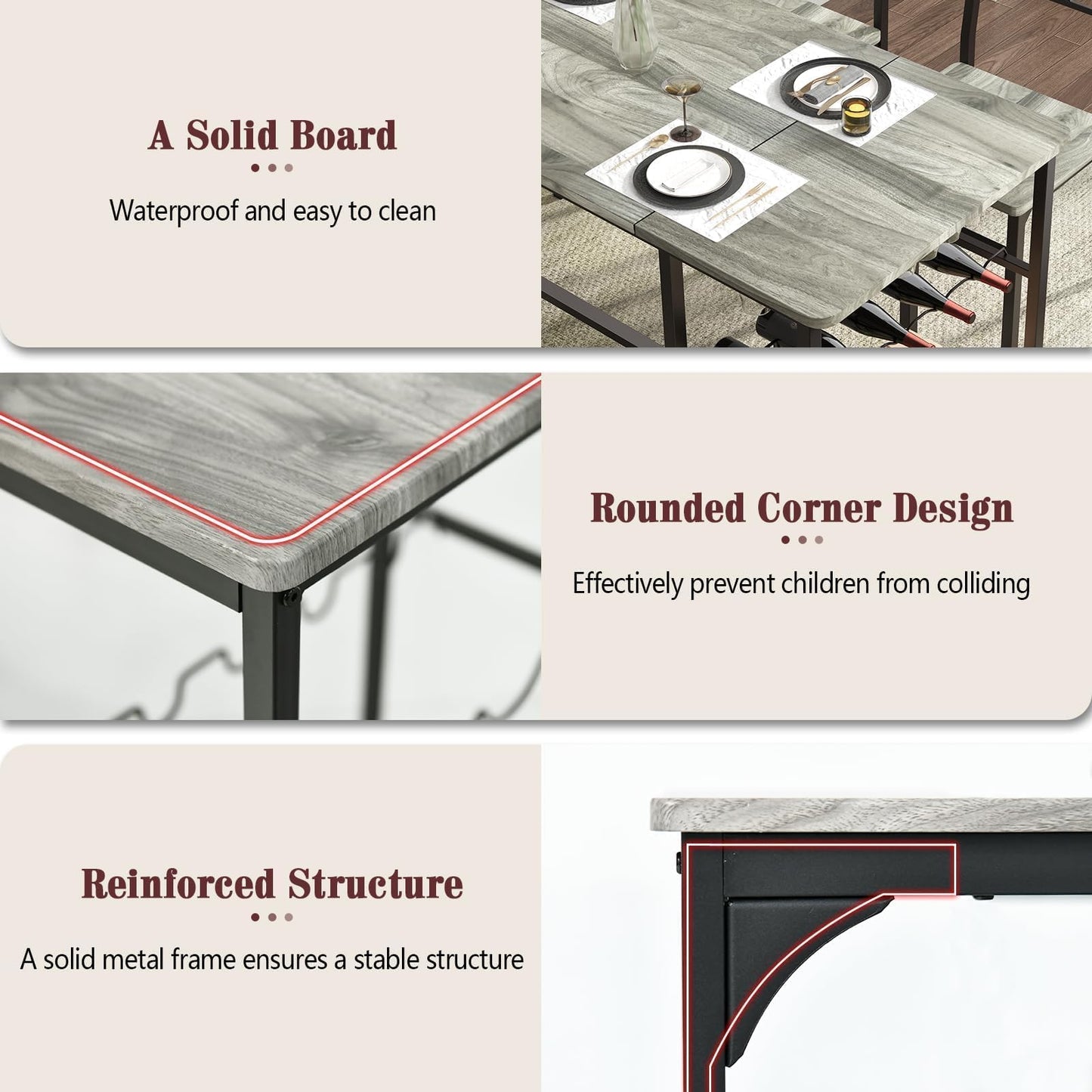 4 EVER WINNER Dining Table Set for 4, 55" Kitchen Table Set with Storage Shelf, Wine Rack & Wine Glasses Holder, Breakfast Table Set for 4 with Chairs and Bench for Dining Room, Kitchen, Wash Grey