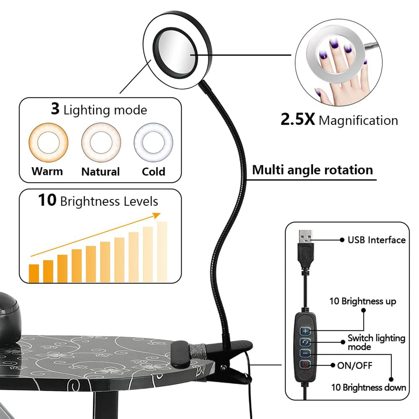 LEIBOU Professional 35''L Portable & Foldable Manicure Table Nail Technician Desk Workstation Salon Spa with Magnifier USB LED Lamp,Fan dust Collector,Sponge,Carrying Bag (Black Flower)