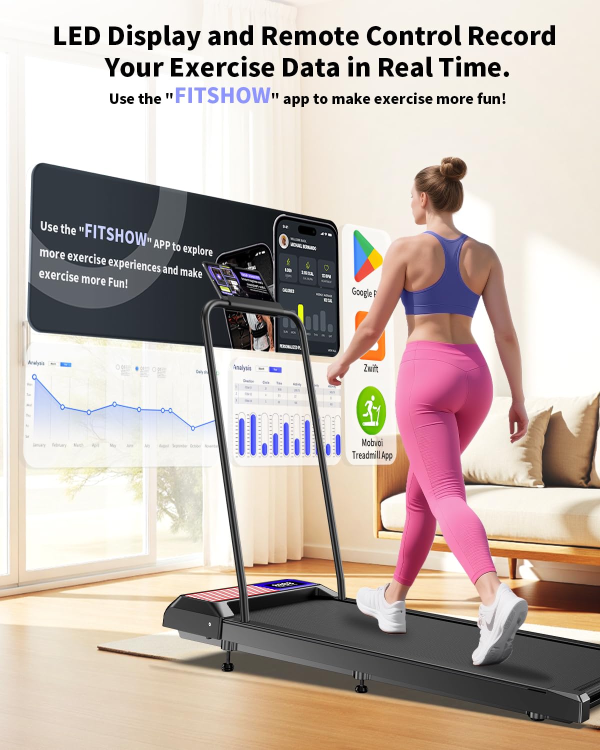 HCOIW Walking with Incline Pad and Handle Bar, 3 in 1 Mini Walking Machine, 2.5HP Low Noise Treadmill for Home with Remote Control, Treadmill with Handle Bar, 270lbs Capacity