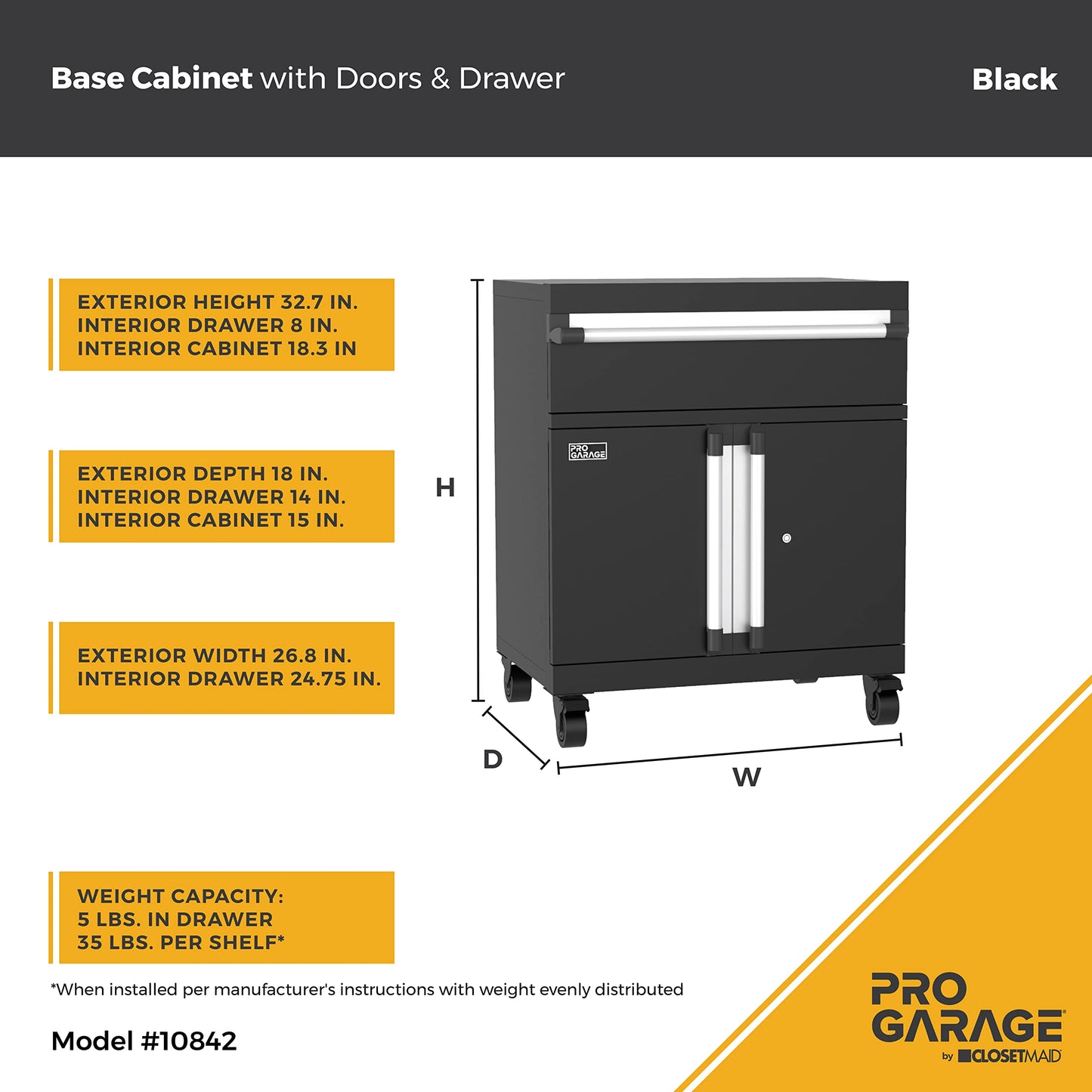 ClosetMaid ProGarage Base Cabinet with Wheels, Drawer, Two Doors, Lock and Shelf, for Garage Storage, Heavy Duty Steel, Black