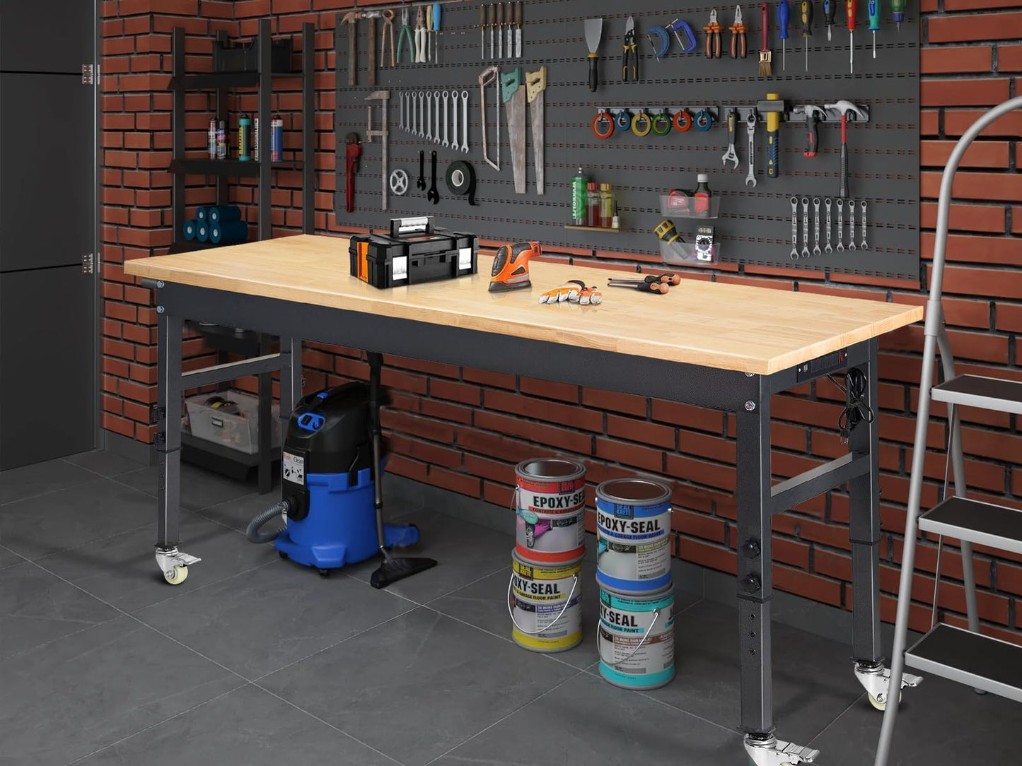 60" Adjustable Work Bench, Rubber Wood Top Workbench Heavy-Duty Work Table with Power Outlet and Wheels, 2000 LBS Load Capacity Hardwood Work Benches for Garage, Workshop, Home, Office, Easy Assembly