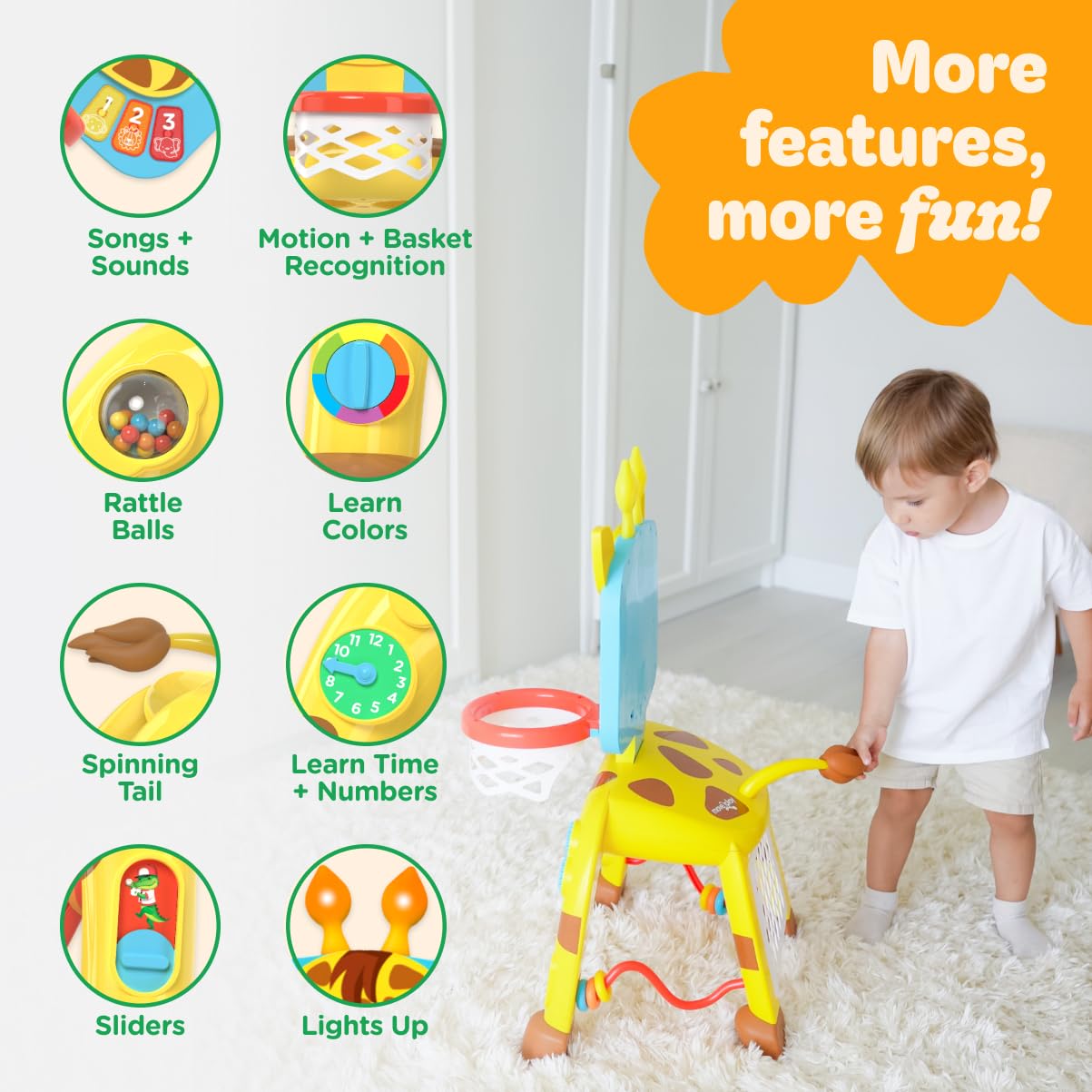 Move2Play, Giraffe Basketball Hoop & Soccer Goal Activity Center | 30+ Sounds & Songs + 5 Lights | 1 2 3 Year Old Birthday Gift for Boys and Girls | Toy for Baby & Toddlers (Yellow)