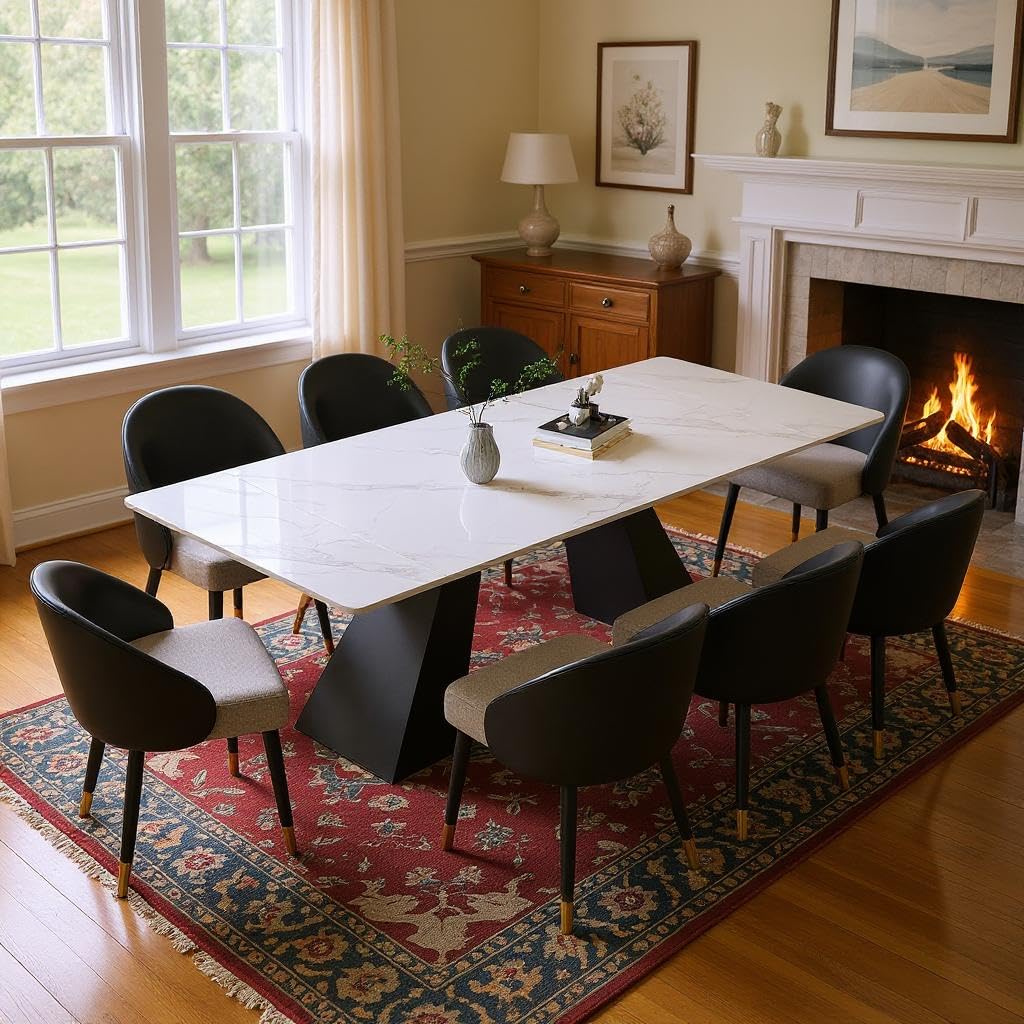 62.9" to 94" Modern Sintered Stone Luxury Rectangular Dining Table for 6-8 People, White Top with Black Base, Contemporary Style for Living Room