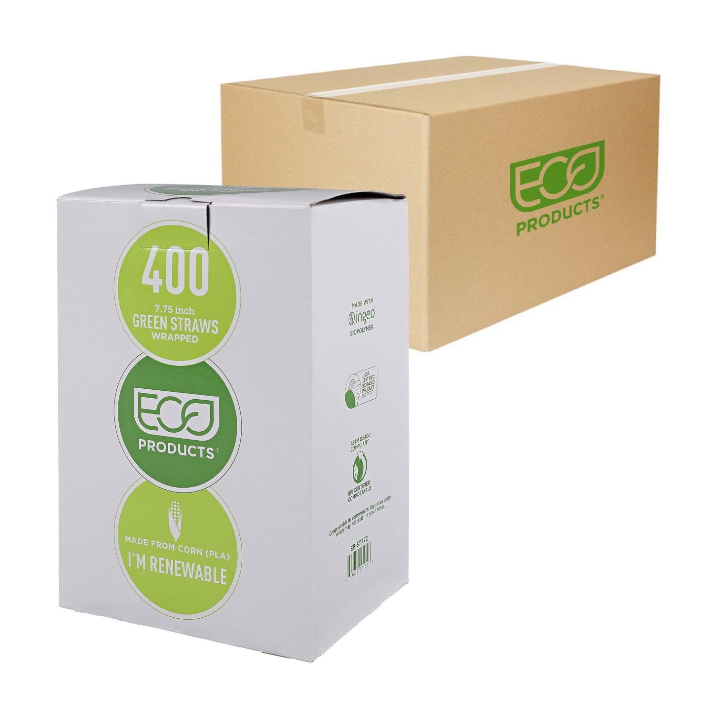 Eco-Products Compostable Paper Wrapped Plastic Straws, 7.75" Long, 5mm Diameter, Case of 9600, Green Disposable Plant Based PLA Plastic, Standard Sized Drinking Straws, ASTM Compliant, BPI-Certified