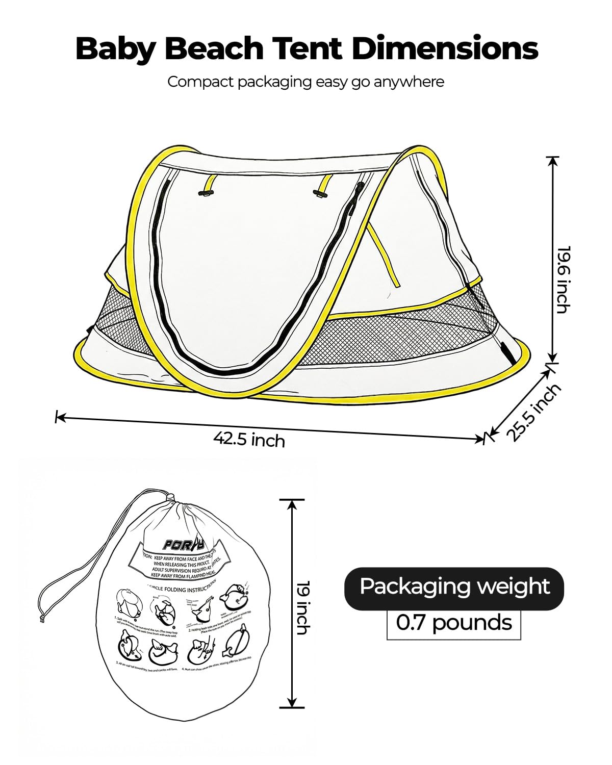 Poray Portable Baby Beach Tent with UPF 50+ Sun Shelter,Mosquito Net and Sunshade, Ideal Pop Up Kids Travel Tent with Carry Bag & 2 Stakes,Outdoor Indoor Play and Sun Protection