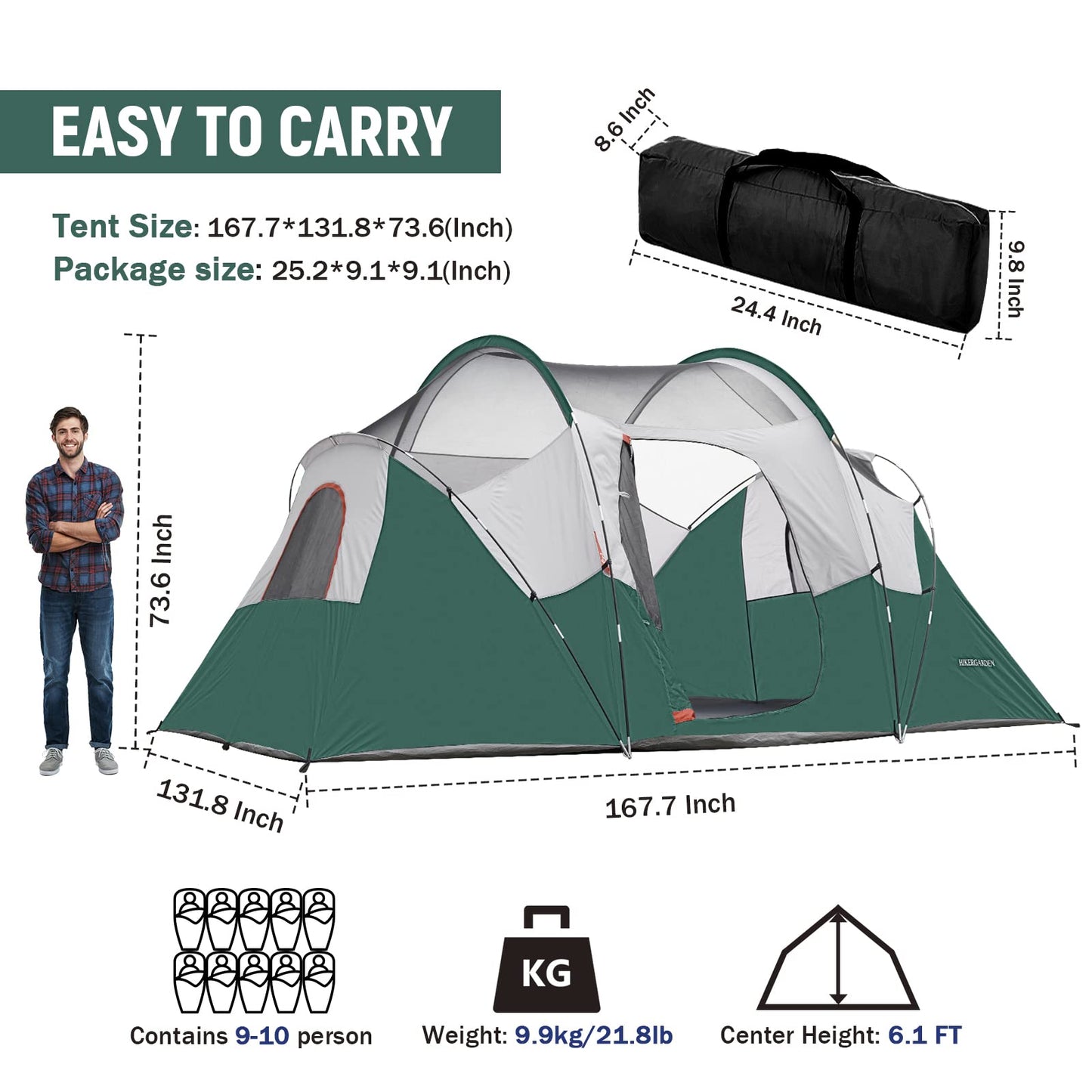 HIKERGARDEN 10 Person Camping Tent - Portable Large Family Tent for Camp, Windproof Fabric Dome Tent Outdoor for Hiking, Backpacking, Traveling - 14'x11'x74in(H)