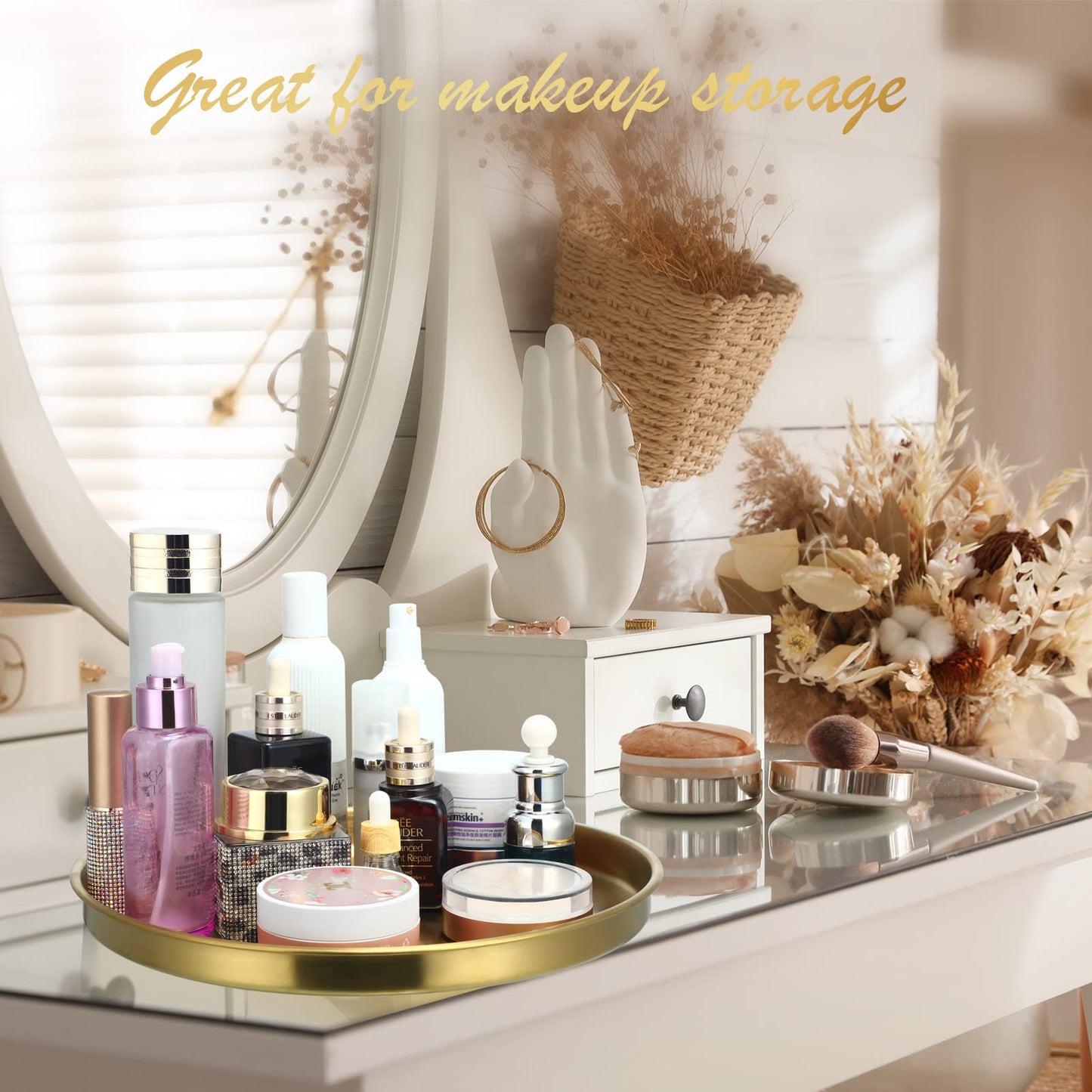 Thenshop 3 Pcs 12 Inch Gold Round Serving Tray Stainless Steel Circle Decorative Vanity Gold Plate Metal Jewelry Makeup Organizer Dishes for Gift Wedding Coffee Table Bathroom Dessert Christmas