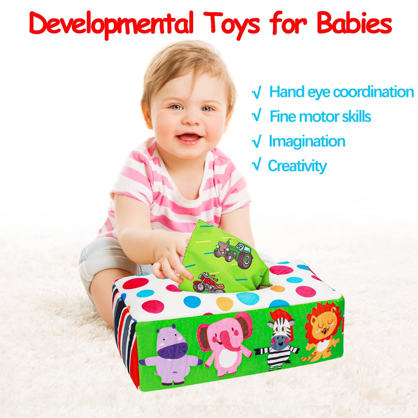 Thremhoo Baby Toys 3 4 5 6 7 8 9 12 Month Old Montessori Tissue Box Toys for Babies Infants 0-6 6-12 Months Sensory Educational Crinkle Toy Developmental Gift for 1 2 Year Old Boys Girls Toddlers