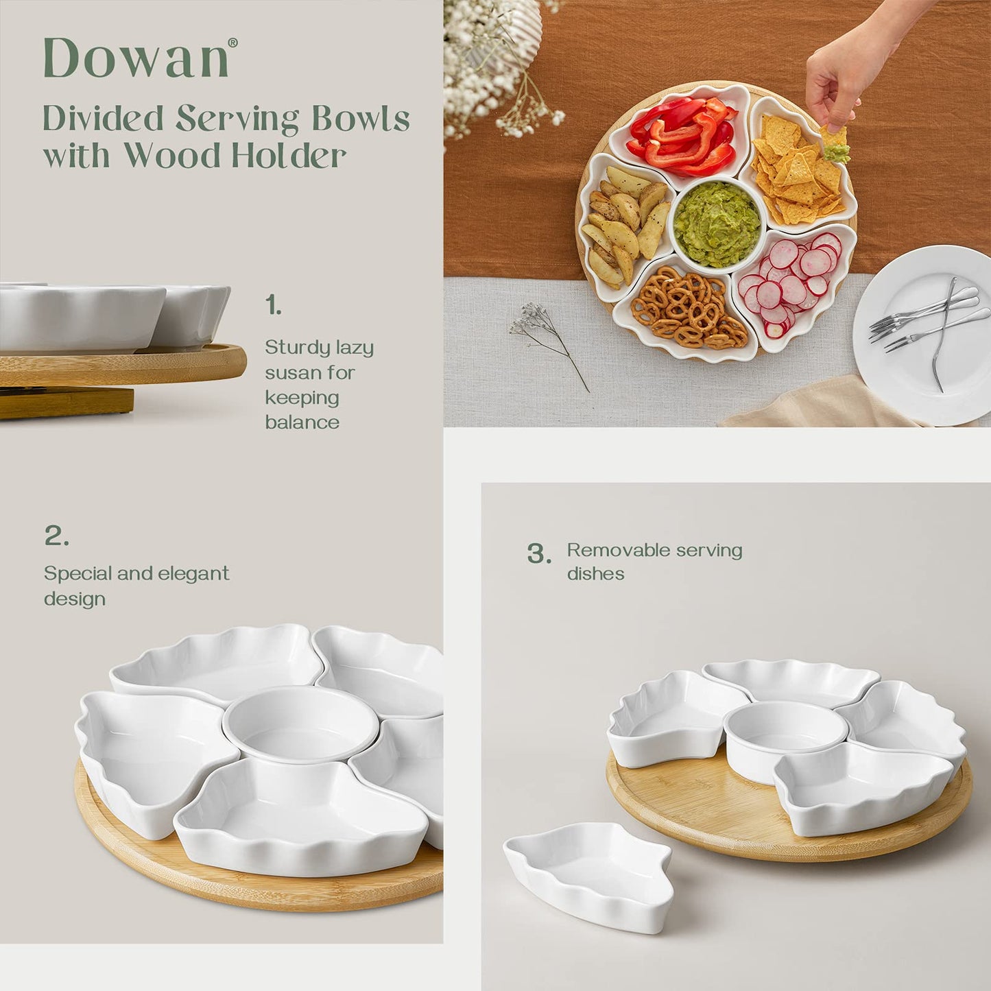 DOWAN 360° Rotatable Serving Tray and Platters, 12 Inch Divided Serving Bowls for Party, Kitchen Decor, Removable Serving Dishes for Chips and Dip, Fruit, Veggies, Candy and Snacks, 7 Pieces, White