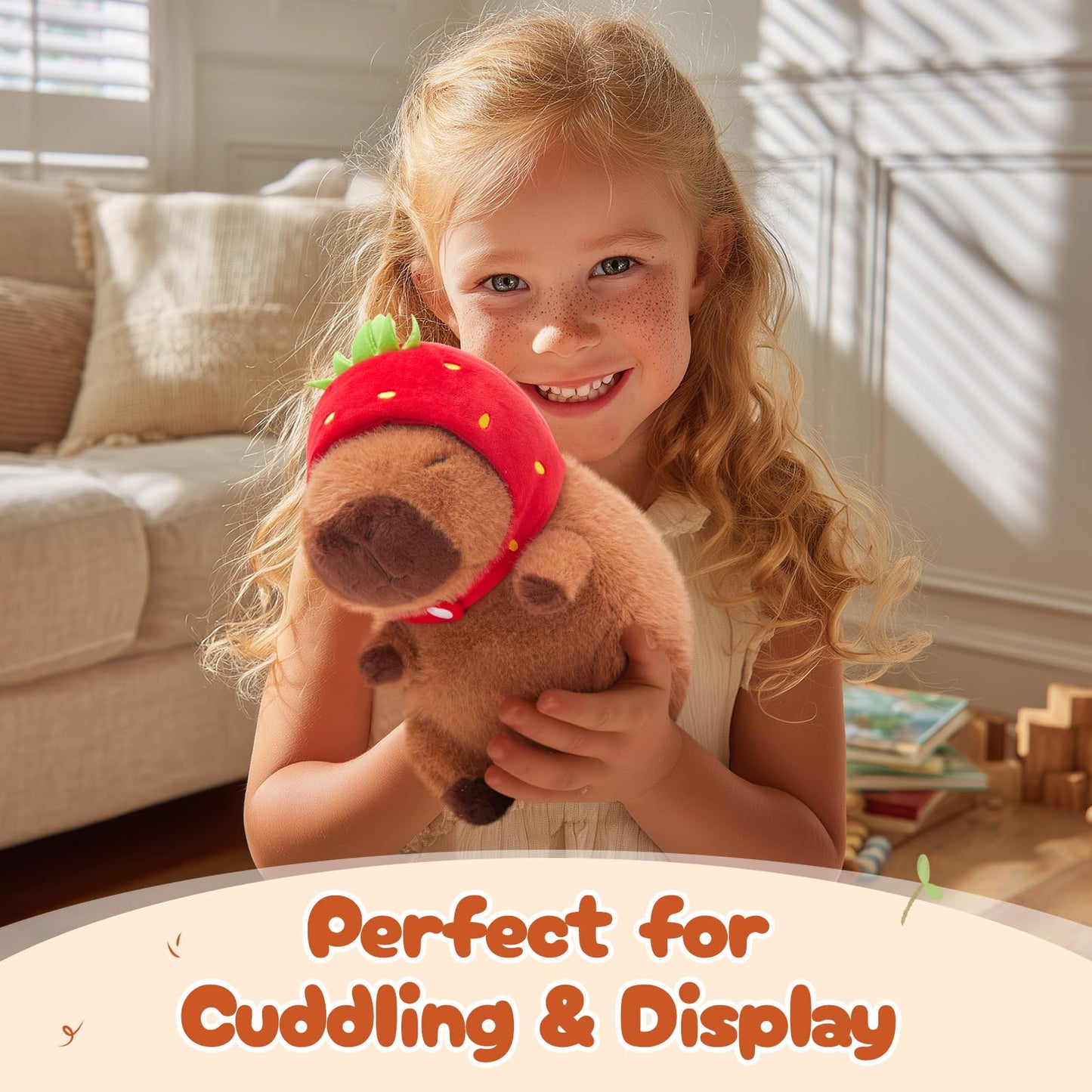 Athionsu 9’’ Capybara Plush with Strawberry Hood Cute Kawaii Soft Stuffed Animal Toy Cozy Plush Pillow for Toddler Kids Boys Girls
