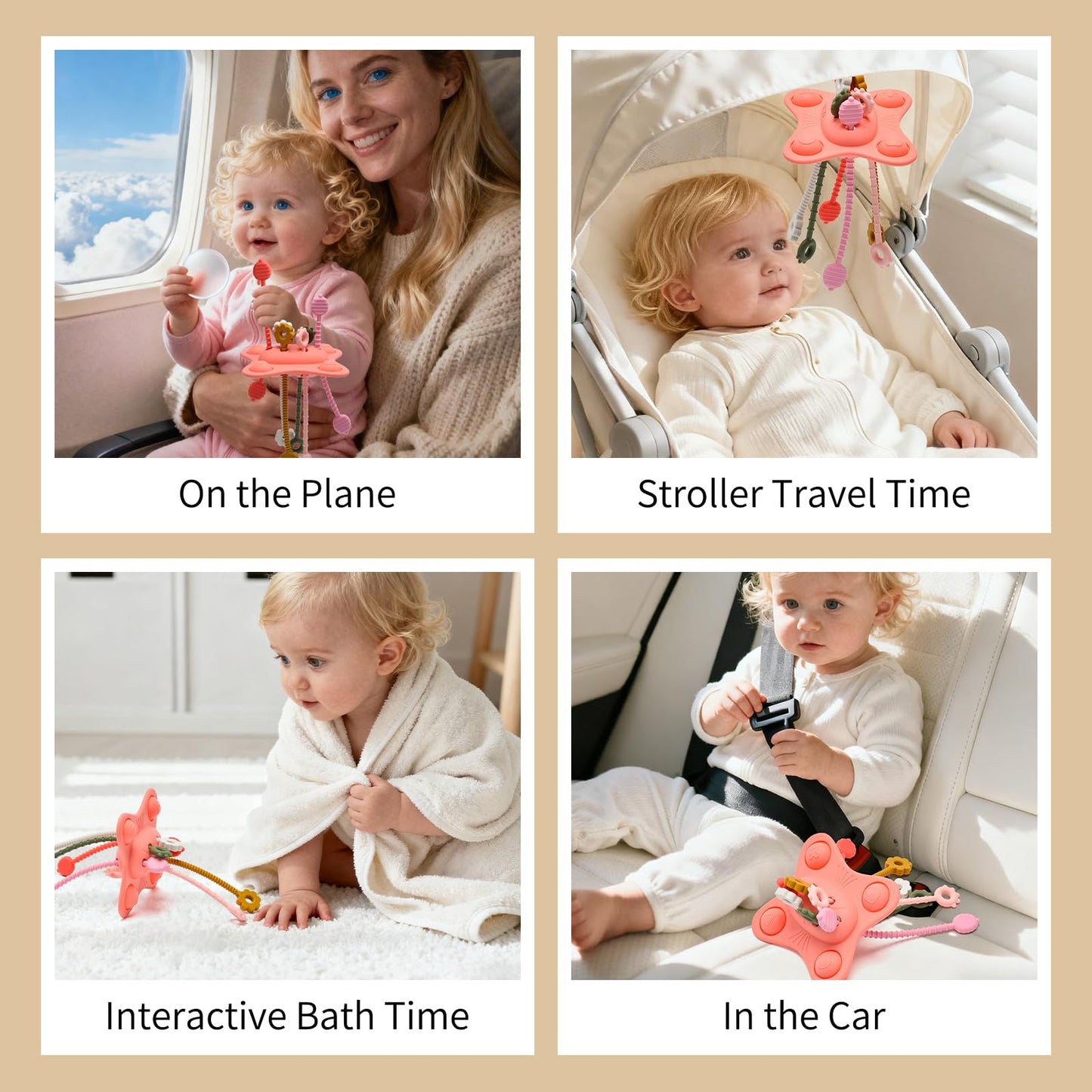 Silicone Montessori Sensory Toys for 18 Months Baby, Drawstring Activity Toy, Early Learning Fine Motor Skills Toys, Car Seat Airplane Travel Teething Toys (Pink)