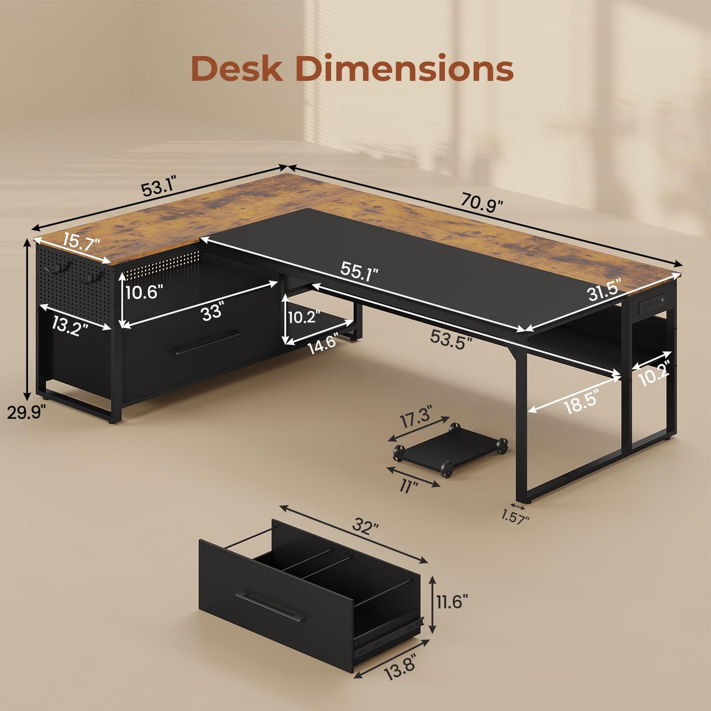 UPOSOJA 71" Executive Desk, Large Office Desk with Widen File Drawers & Power Outlets, Reversible L Shaped Computer Desk Corner Desk with Storage Shelves, CPU Stand, Hooks, Business Furniture