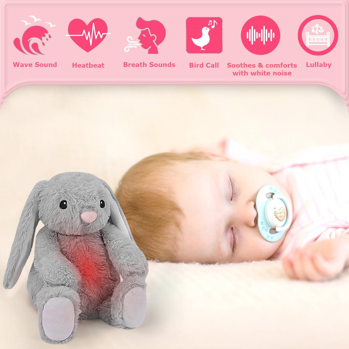 Baby Soother Cry Activated Sensor Toys,Heartbeat Bunny for Babies,Plush Stuffed Animal for Newborn Infants,Toy Vibrating with Mom’s Heartbeat,Baby Shower Gifts for Girls and Boys