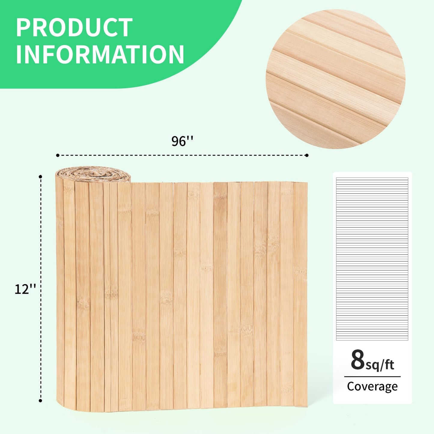 AMZDEPOT Natural Bamboo Wall Panel for Interior Wall Decor, Renewable Pole Wrap Wainscoting Paneling for Wall Ceiling Furniture Cabinet Office, 12 x 96 Inch, Carbonized