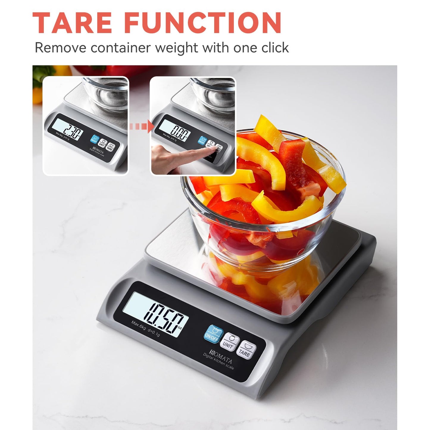 BOMATA 0.1g/ 13lb Food Scale, Digital Kitchen Scale with Removable Stainless Steel Pan, Backlit LCD Display, for Cooking, Baking B621 Grey