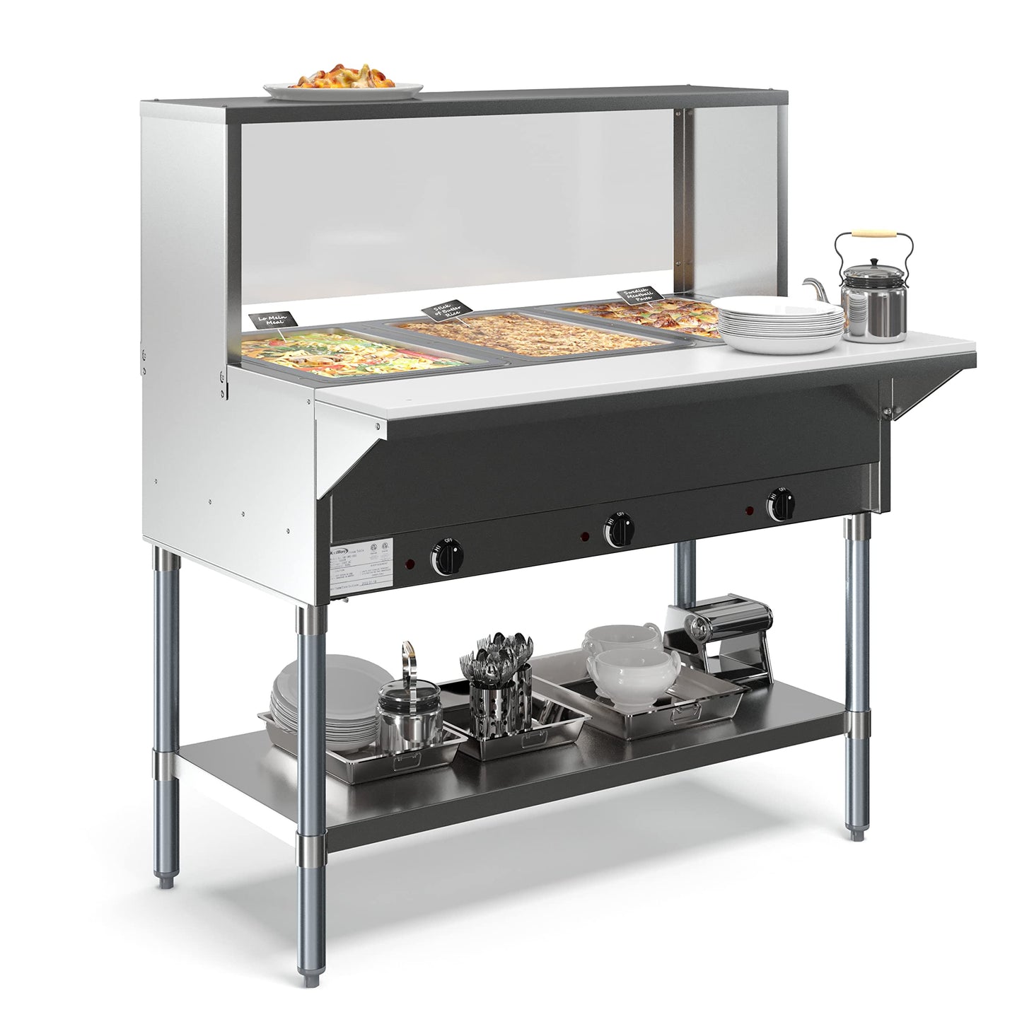 KoolMore 3-Pan Open Well Electric Stainless Steel Steam Table Food Warmer for Buffets with Sneeze Guard, Overshelf, Undershelf, Warming Control Knobs, Front Serving Area [120V] (KM-OWS-3SG), Silver