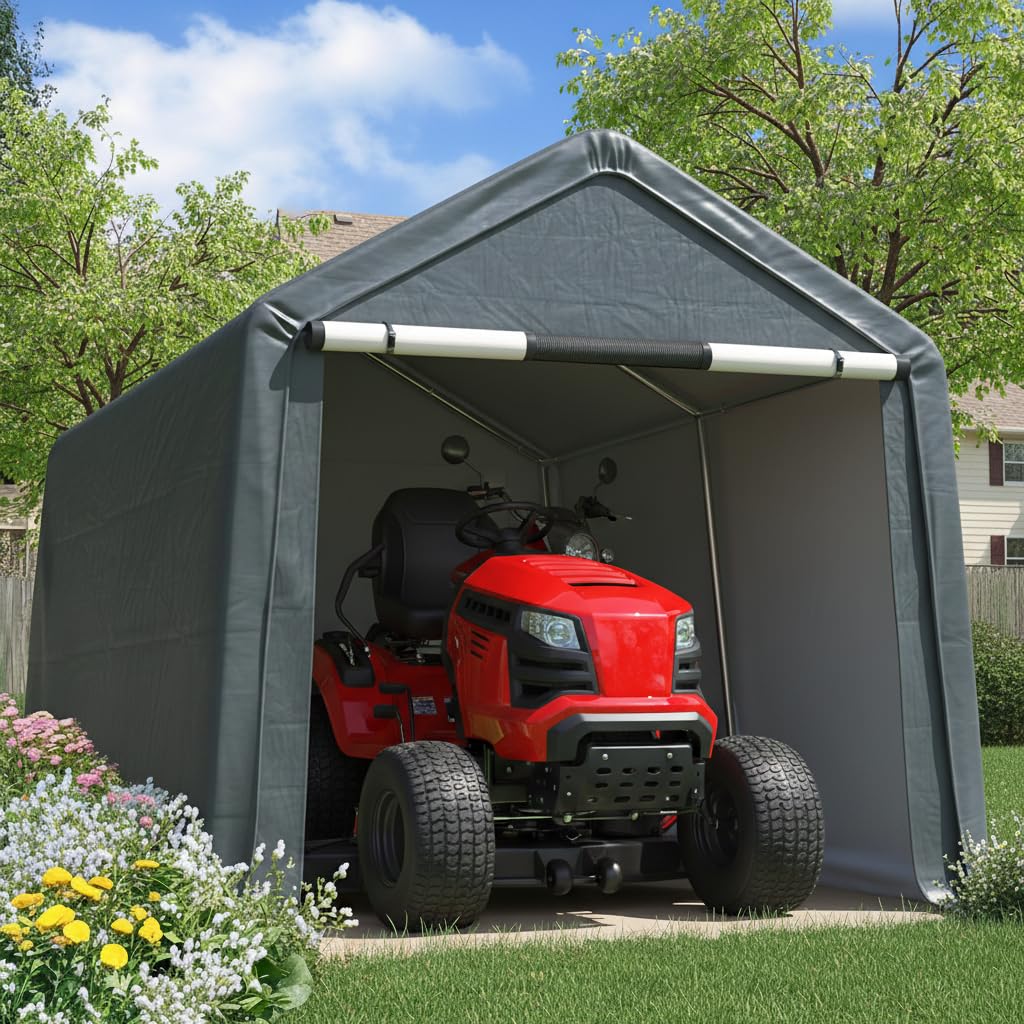 Quictent 8x10FT Carport Shelter Storage Shed with Roll-Up Mesh Windows, Heavy Duty Portable Garage for Motorcycle, ATV, Garden Tools Waterproof Storage Tent with Reinforced Frame, Dark Gray