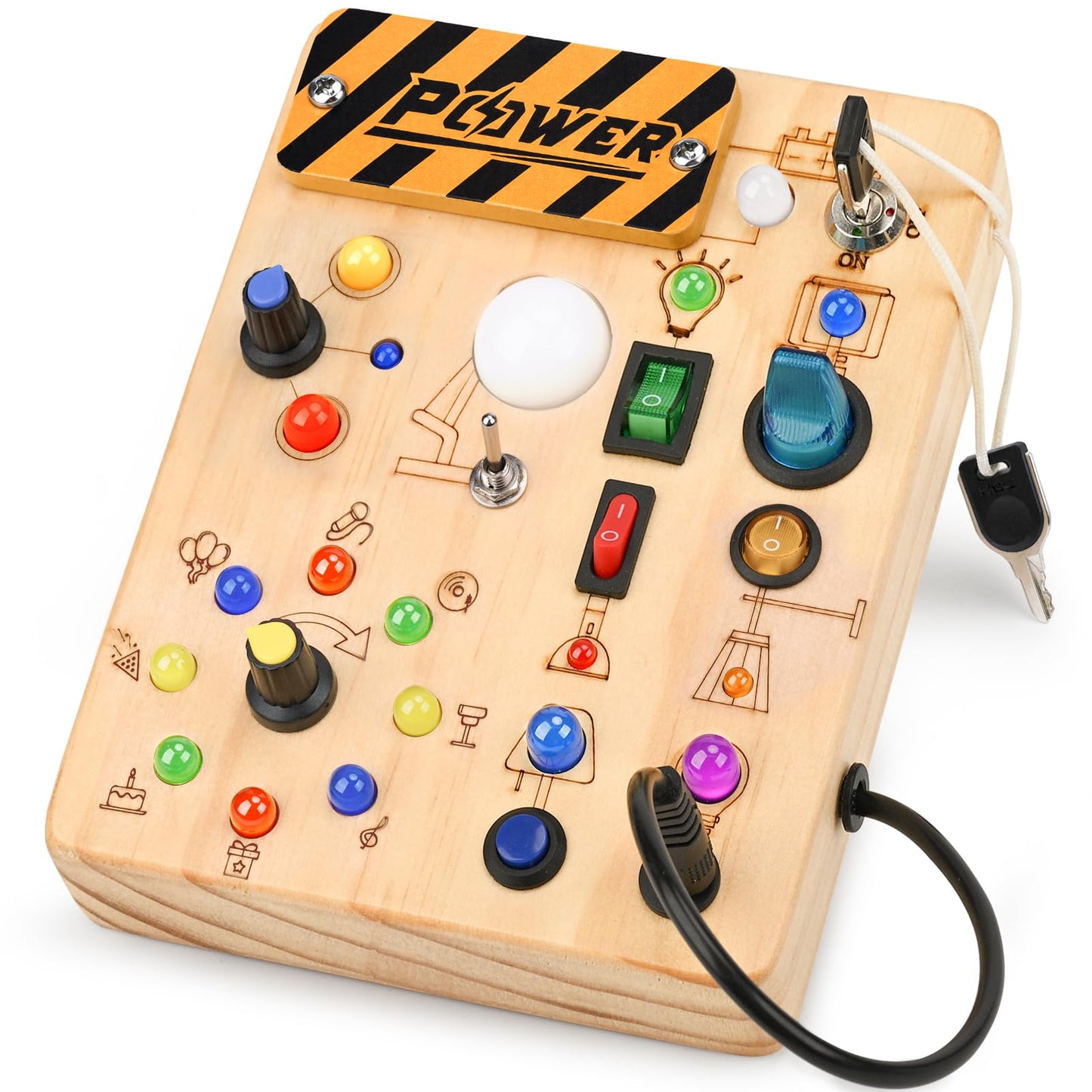 LED Busy Board for Toddlers - Montessori Sensory Toy with 10 Switches & 19 Lights, Wooden Activity Board for Fine Motor Skills, Ideal Educational Birthday Travel Toy Gift for 1 2 3 Year Old Boys Girls