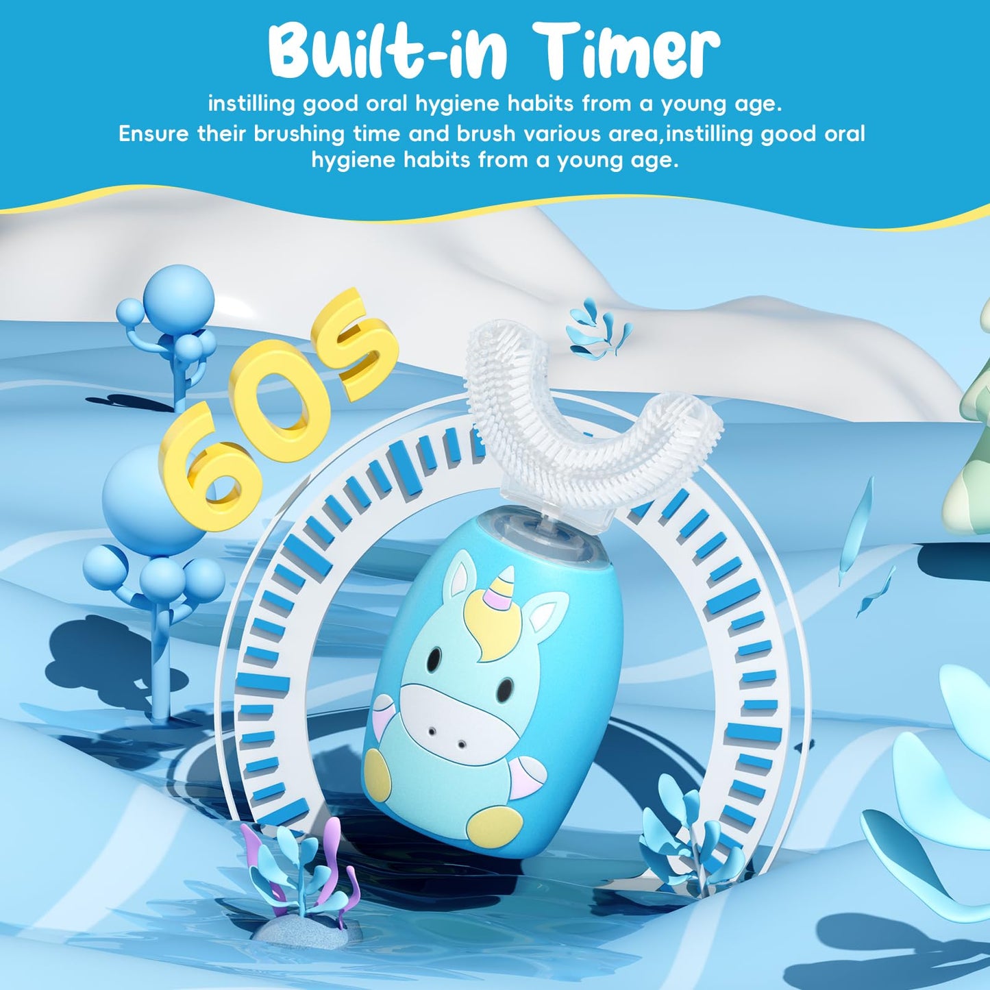 LHhuizou Kids U Shaped Electric Toothbrush 4 Brush Heads, Automatic Sonic Toothbrush Kids 2 Modes, Cartoon Design 360-Degree Cleaning IPX7 Waterproof