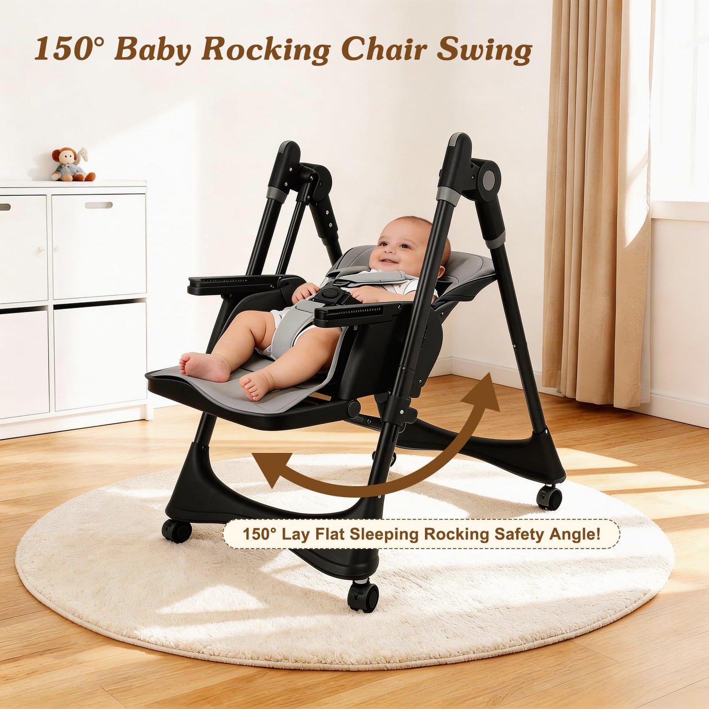 3-in-1 Baby High Chair with Soothing Rocker | Convertible Baby High Chair for Babies and Toddlers | Brake Wheels, Easy Clean, Space Saving | Adjustable, Removable Tray (Dark Grey)