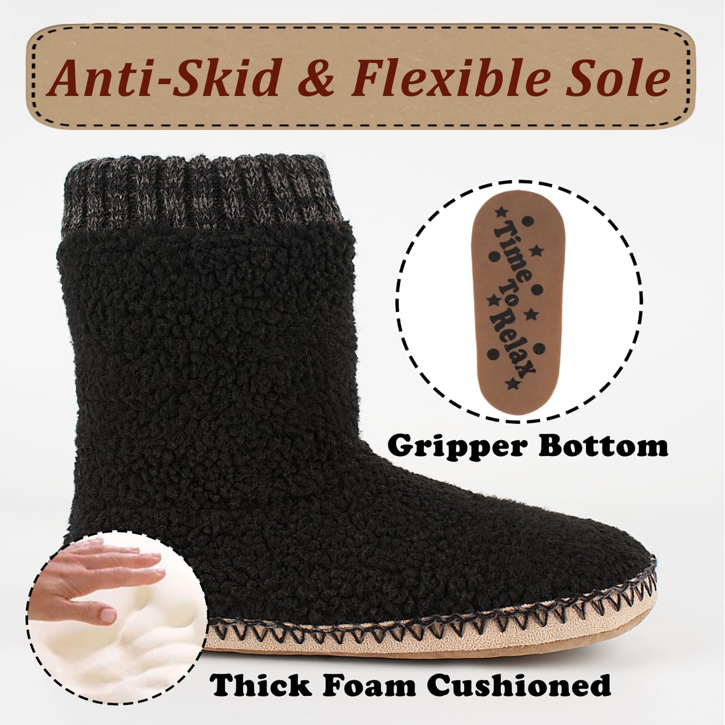 cosyone1997 Cozy Boot Slippers for Men Indoor, Fuzzy House Shoes with Non Slip Gripper Soles, Soft Warm Moccasin Socks, Winter Gifts for Christmas Unique, Black Adult Size 10-11