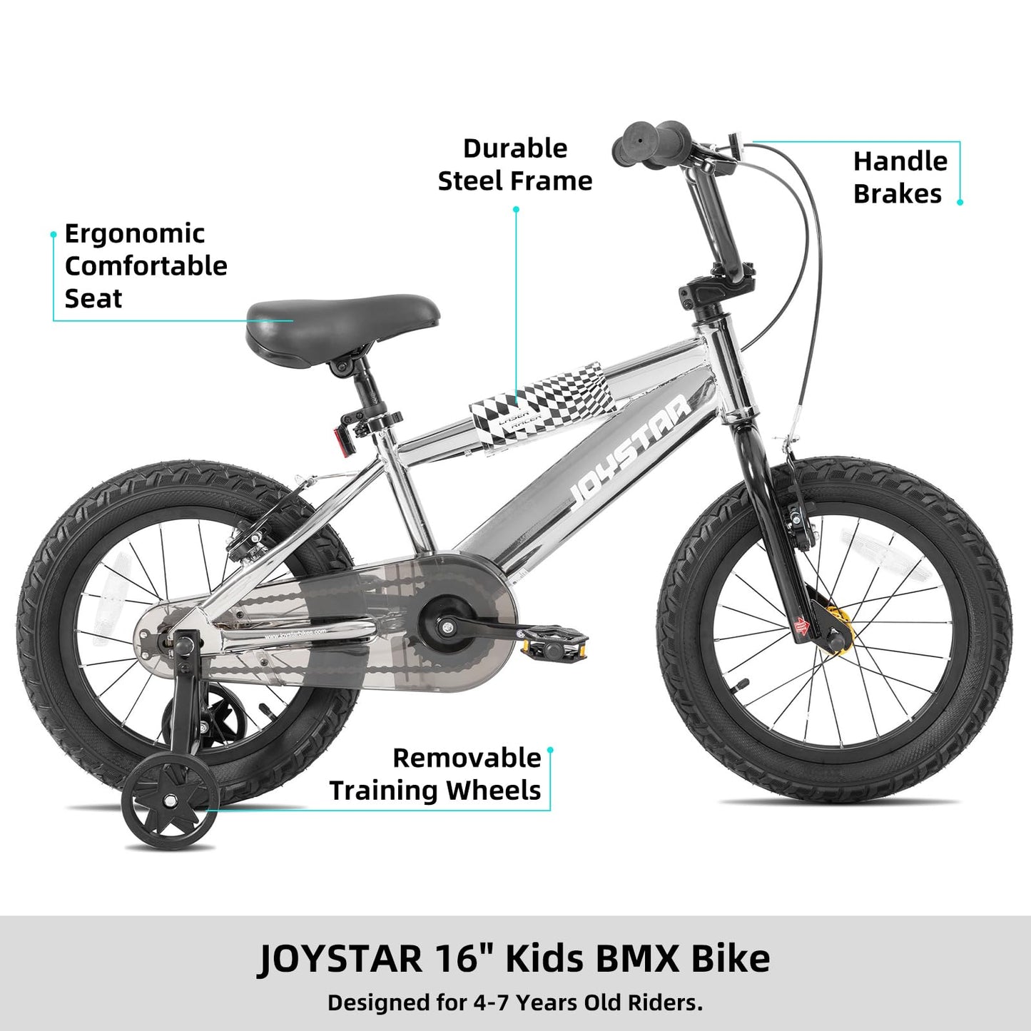 JOYSTAR 16 Inch Kids Bike for 4-7 Years Boys Girls, High-Carbon Steel Frame Toddler Bicycle with Training Wheels and Front/Rear Brakes Silver