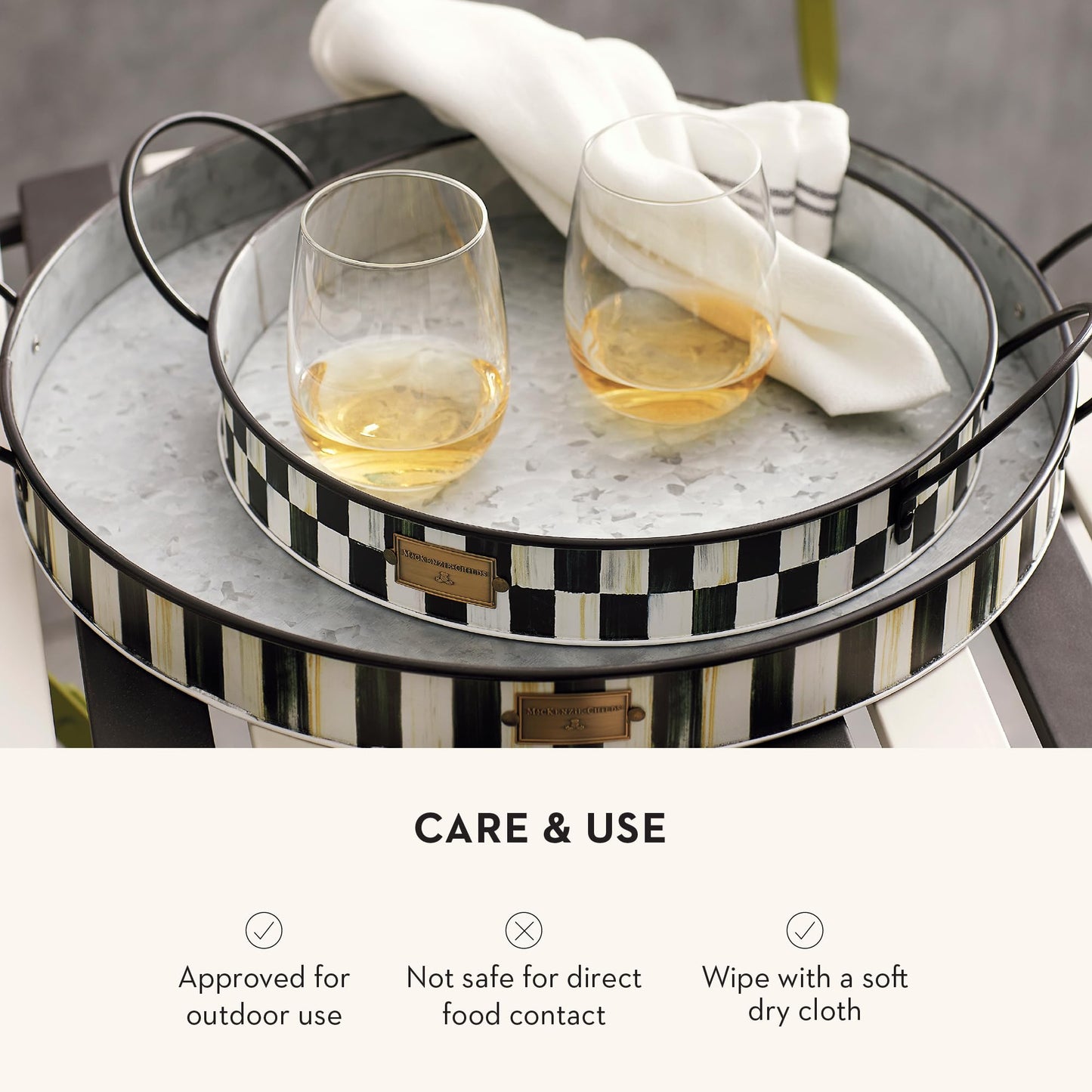 MACKENZIE-CHILDS Galvanized Metal Serving Trays with Handles, Set of 2, Spectator