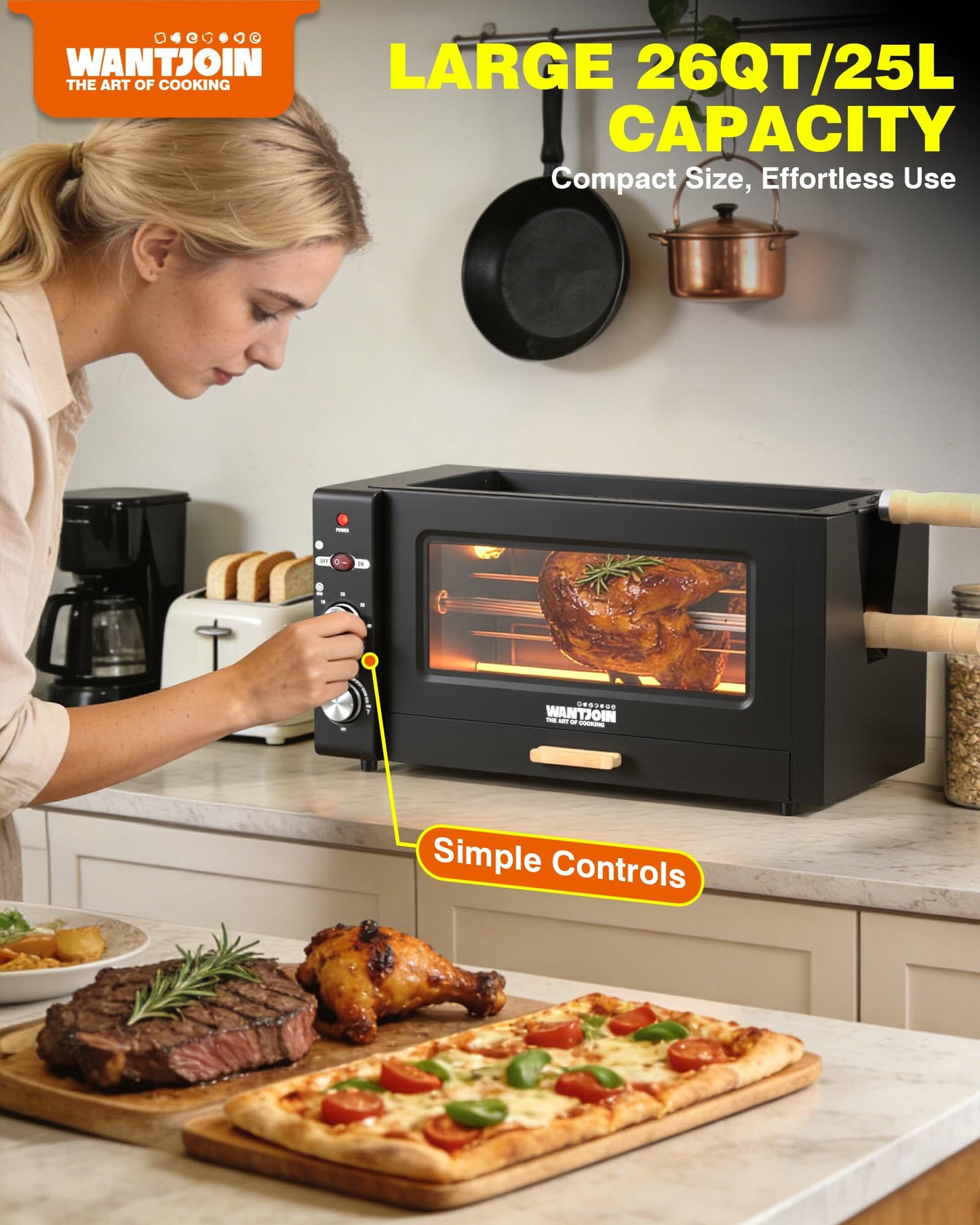 WantJoin Electric Rotisserie Oven - 26QT 3-Layer 3-in-1 Rotisserie Oven For Simultaneous Cooking, 360°Auto-Rotate Heating, Visible Glass Door, Rotisserie Cooker for Home Kitchen & Party Use 1800W