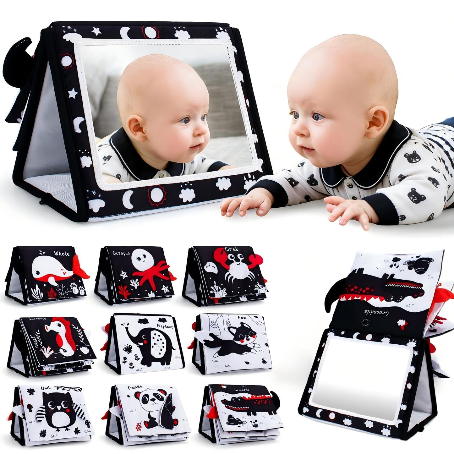 Yohome Black and White Baby Books for Newborn, Tummy Time Mirror, Baby Mirror Infant Toys with Soft Cloth Book, High Contrast Baby Toys, 3D Activity Crinkle Pages Sensory Tummy Time Toys for Babies