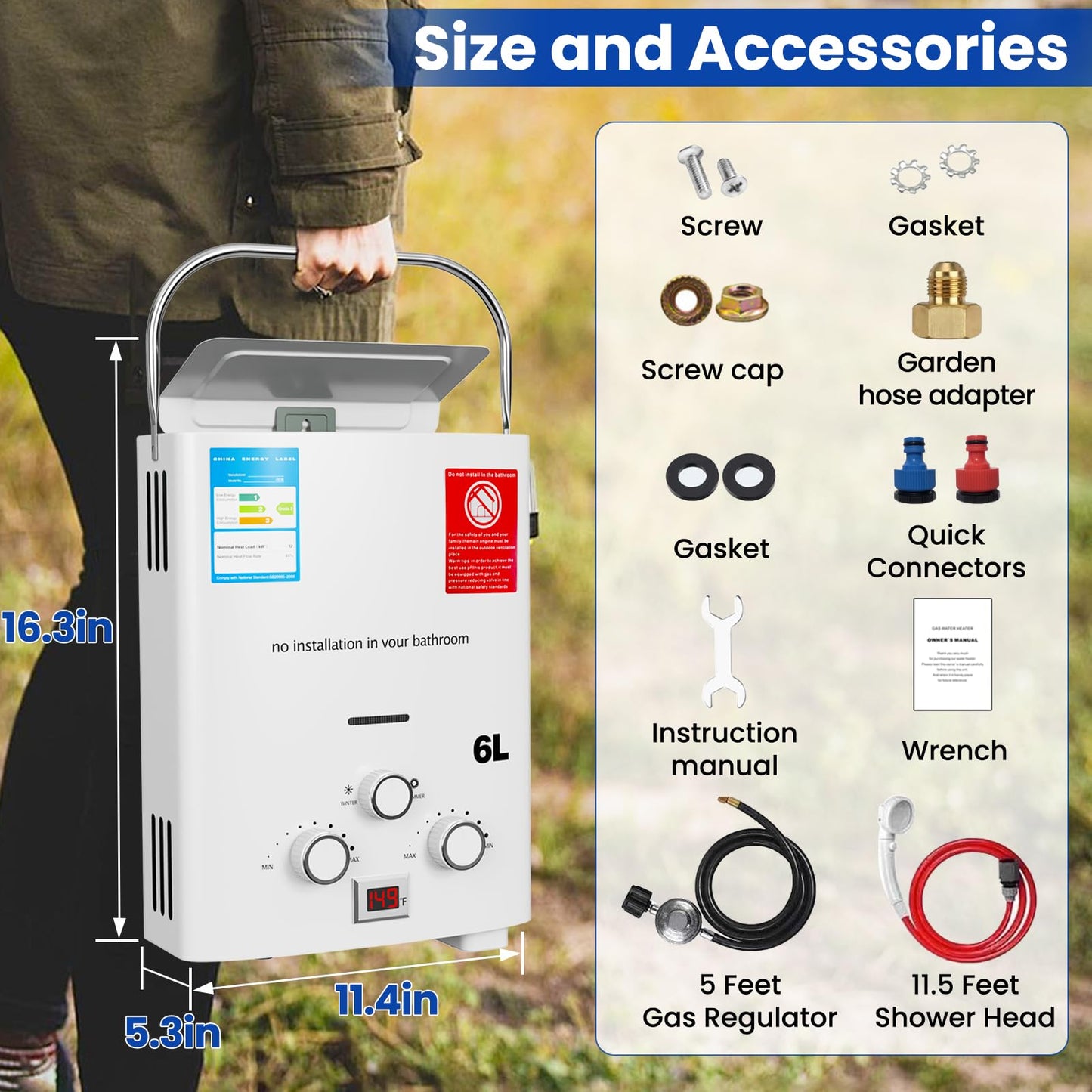 Propane Tankless Water Heater gas, 6L Portable propane shower 1.58 GPM, Outdoor Tankless Camping Water Heater for RV, Cabin, Barn, Camping, Boat, Outdoor Shower