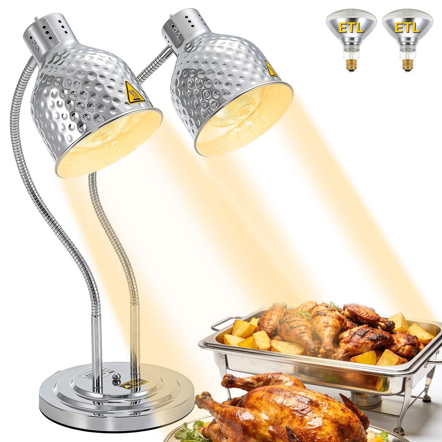 Dyna-Living Food Heat Lamp, 2-Head Adjustable Commercial Food Warmer Lamp Portable Electric Heat Lamp for Food Catering Warming Lights for Buffet Parties Restaurant Kitchen, 500W Silver