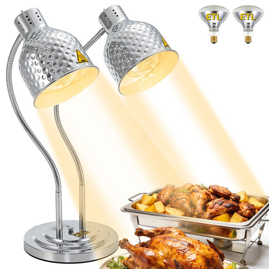 Dyna-Living Food Heat Lamp, 2-Head Adjustable Commercial Food Warmer Lamp Portable Electric Heat Lamp for Food Catering Warming Lights for Buffet Parties Restaurant Kitchen, 500W Silver