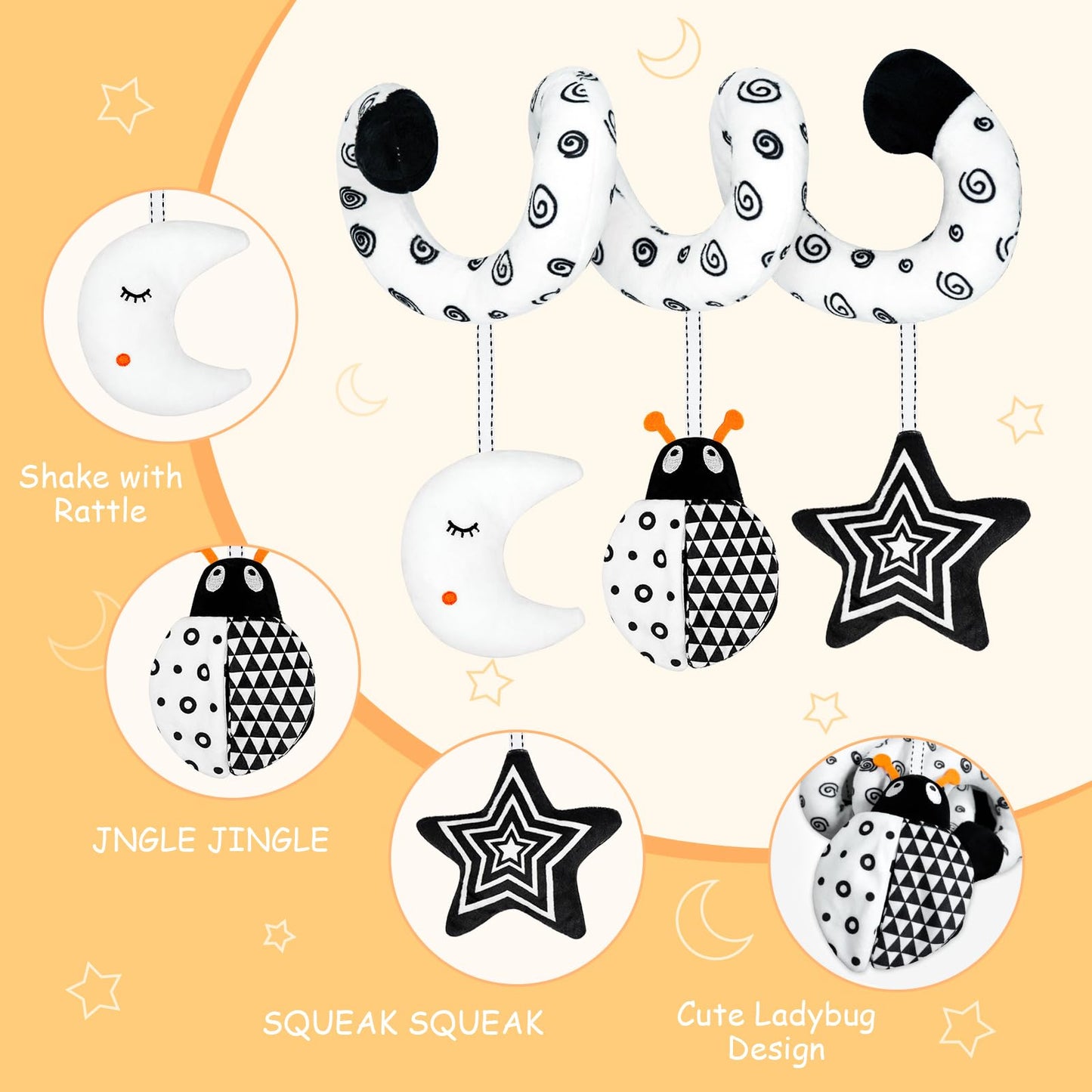 XIXILAND Car Seat Toys for Babies 0-6 Months Boys Girls, Black and White High Contrast Baby Toys 0-3 Months Carseat Toys Hanging, Stroller Newborn Infant Sensory Develpmental Toy for 0-18 Months