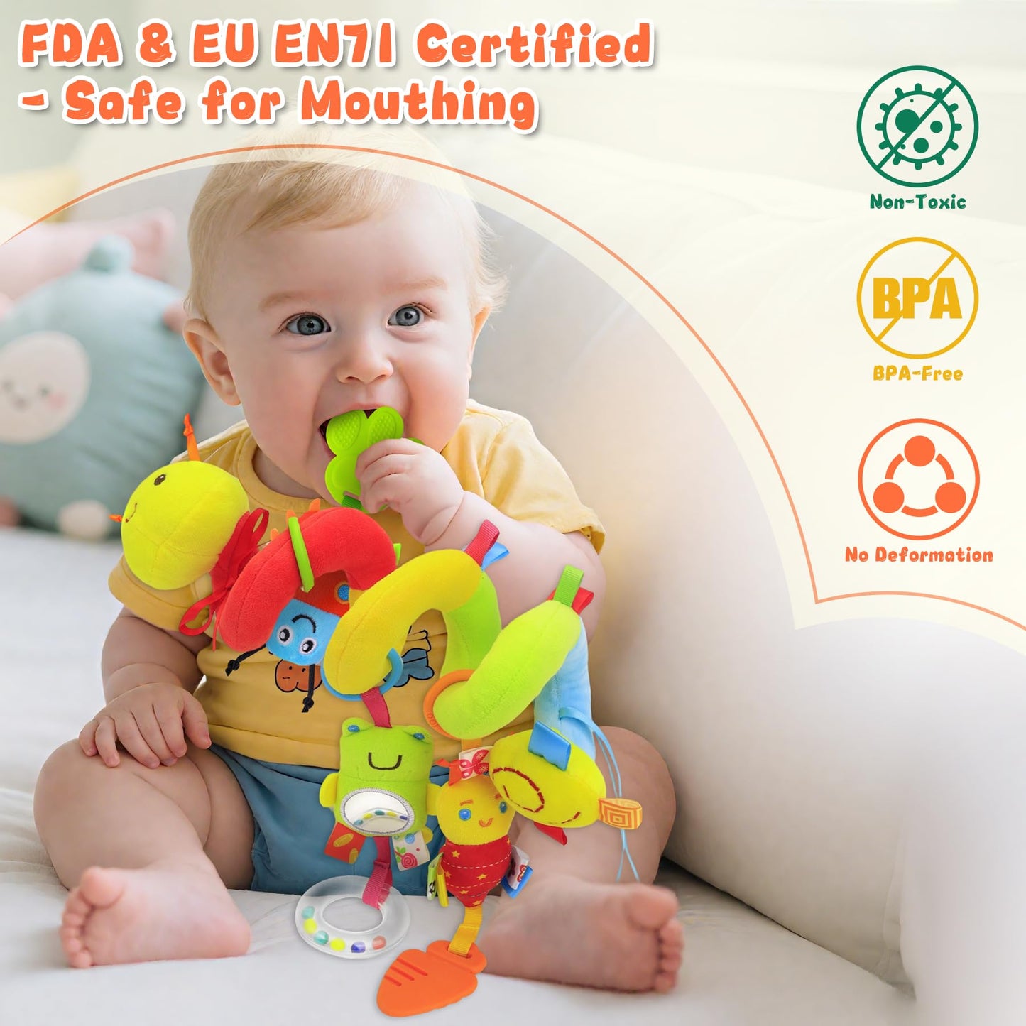 Zendstanding Spiral Car Seat Toys for Infants, 0-6 Months Carseat & Stroller Pram Separable Activity Hanging Toys with Rattle, Teethers, Newborn Soft Plush Travel Toy for Boys Girls Essentials Gifts