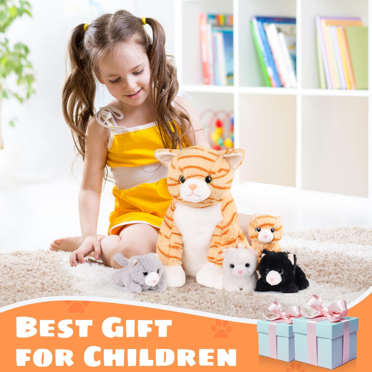 5 PCS Cat Stuffed Animal with Babies Inside Belly, 1 Mommy Stuffed Orange Tabby Cat Toy with 4 Plush Kittens, Stuffed Kitty Plushies for Kids Boys Girls Christmas Birthday Gift