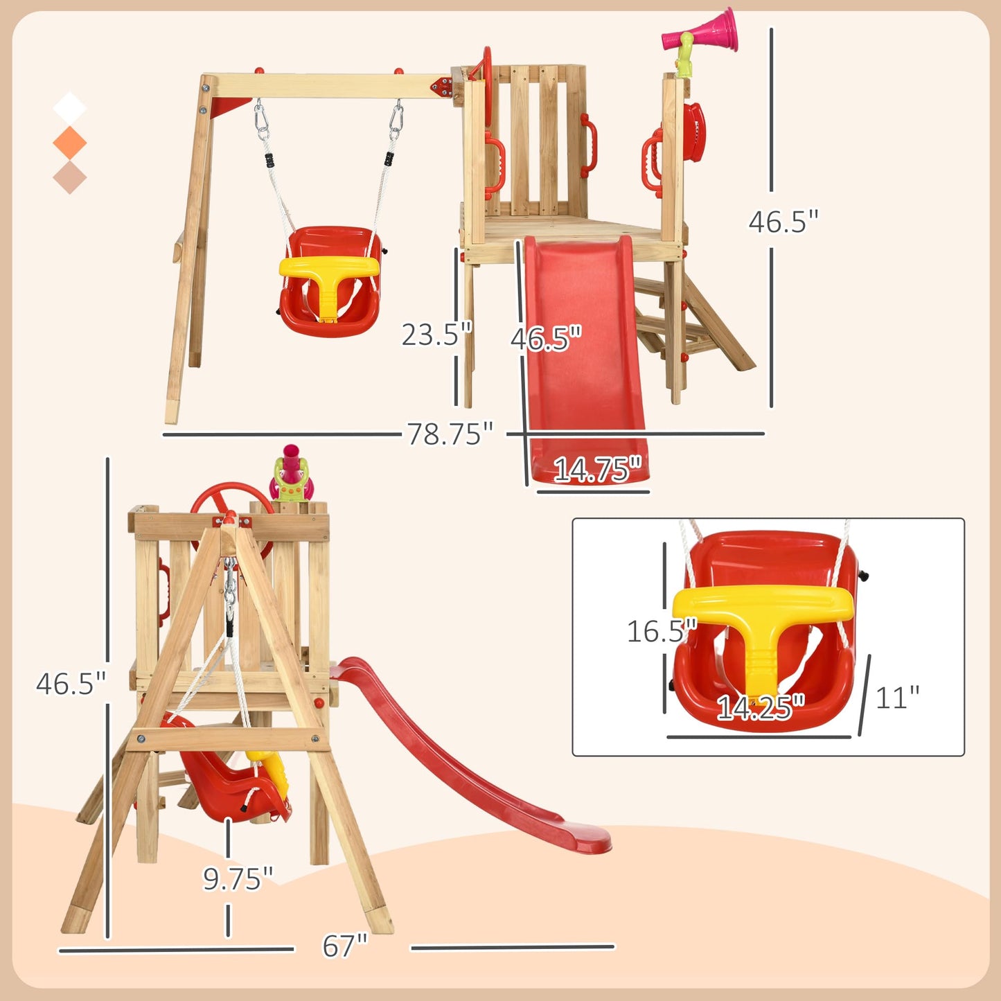 Outsunny Swing Set for Backyard, Wooden Toddler Outdoor Playset with Baby Swing Seat, Kids Slide, Fort, Playground Equipment with Captain's Wheel, Telescope for Ages 1.5-4, Red