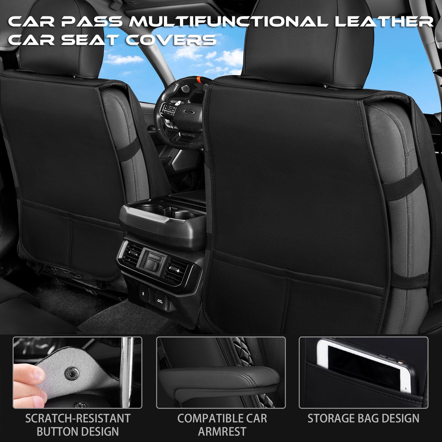 CAR PASS Nappa PU Leather Car Seat Covers Full Set Waterproof Protector Durable Cushioned,Universal Fit for Sedan SUV Pick-up Truck,Automotive, Anti-Slip and Backseat Luxury Premium Deluxe(Black)