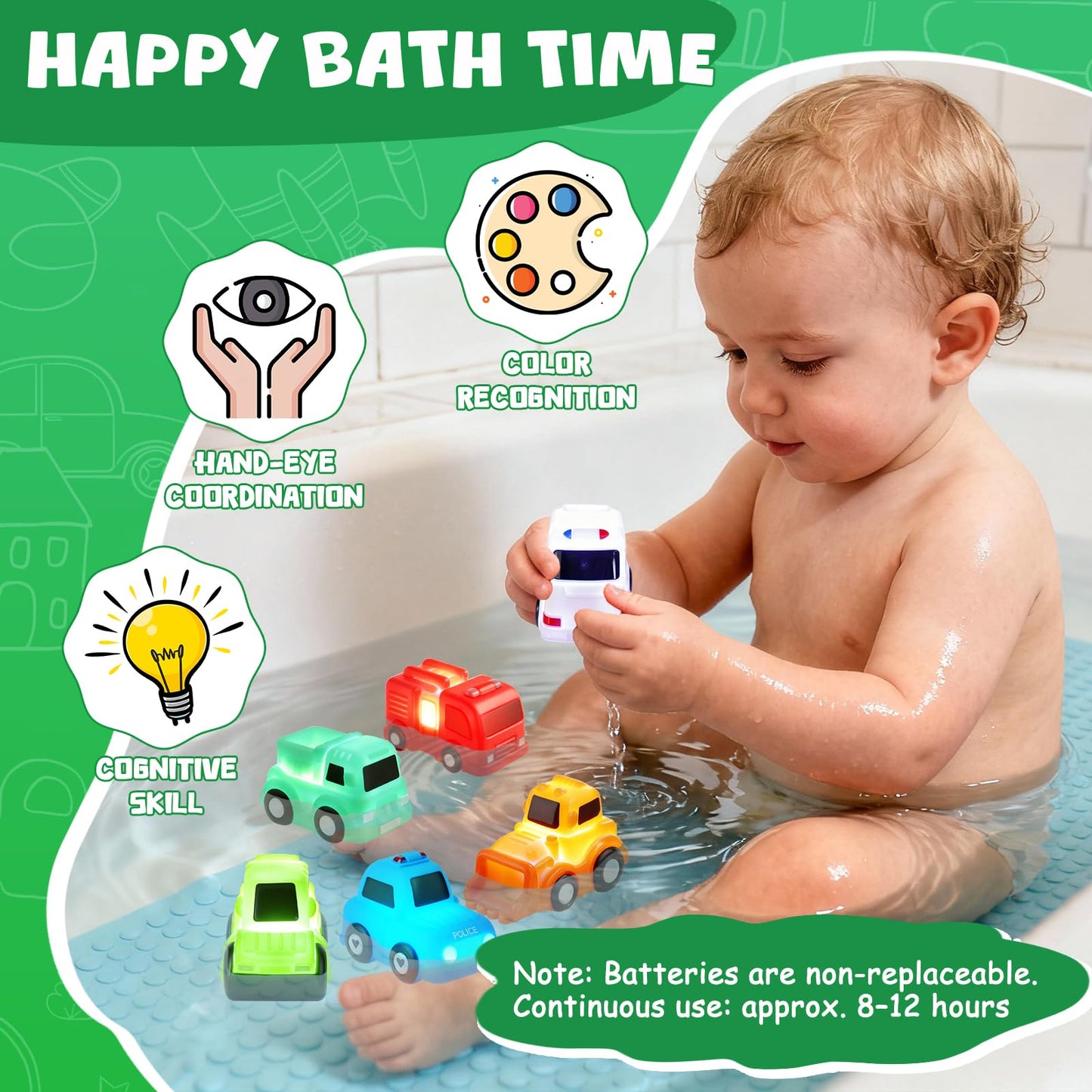 Baby Bath Toys, 6 Pack Light Up Cars Bath Toys, No Hole No Mould Bathtub Toy for 1 2 3 Year Olds, Flashing LED Sensory Toy for Toddlers, Bath Time Shower Gifts for Boys and Girls