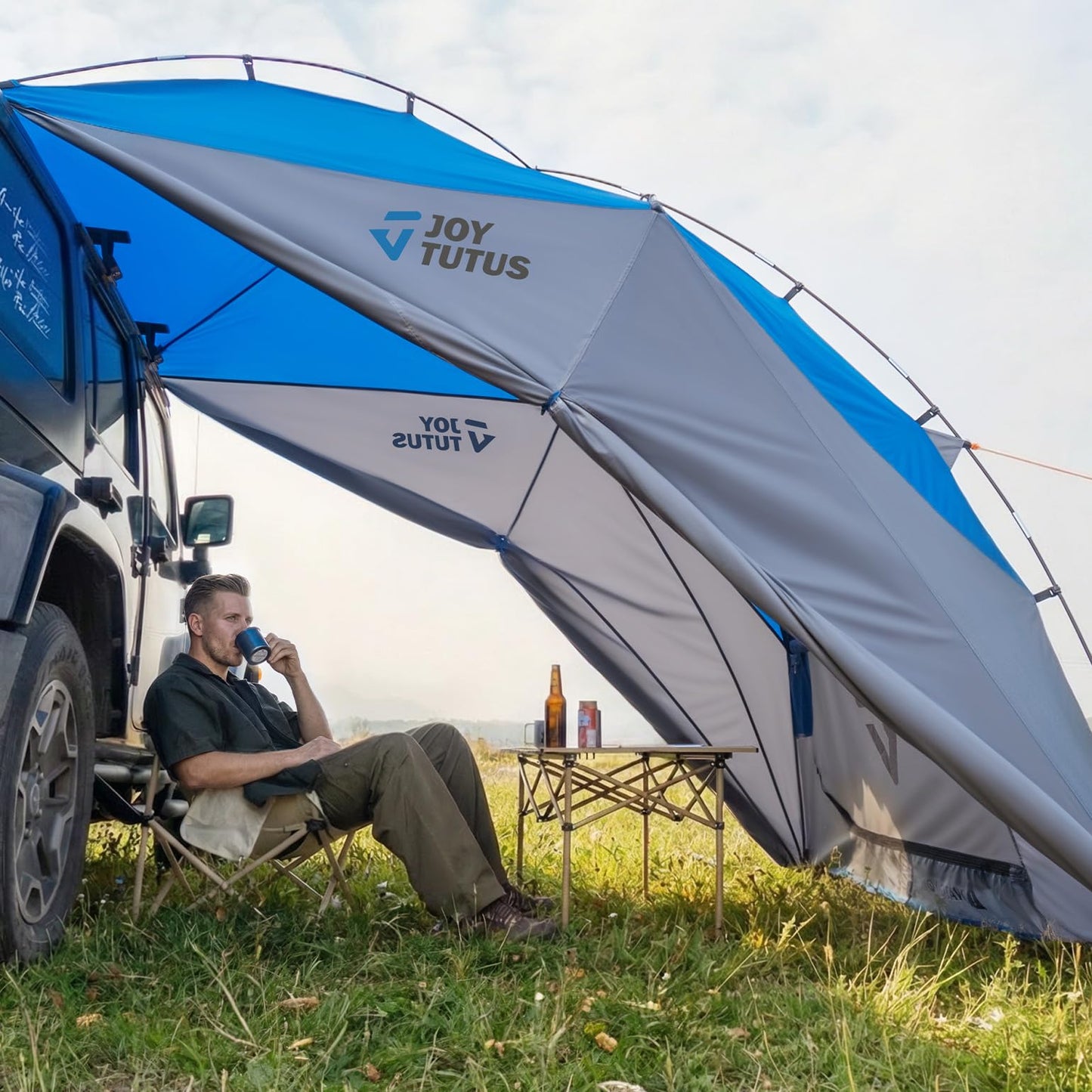 JOYTUTUS Car Shelter with Full-Coverage Sunshade for Side or Rear, Universal Mount Vehicle Awning and Car Camping Tent, Easy Set-up Buckles, Roll up Sides and Windows, UV50+, Rainproof, Gray Blue