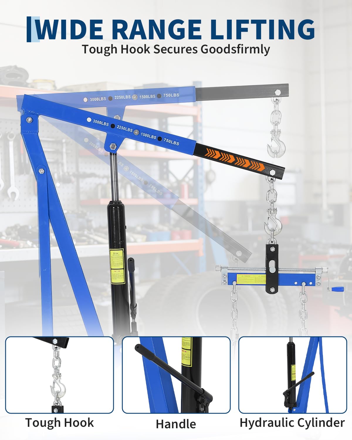 3000 LBS Portable Hydraulic Engine Hoist, 1.5-Ton Telescoping Boom Shop Crane with 4 Heavy-Duty Casters, Garage & Warehouse Cherry Picker for Automotive, Machinery, and Equipment Lifting, Blue