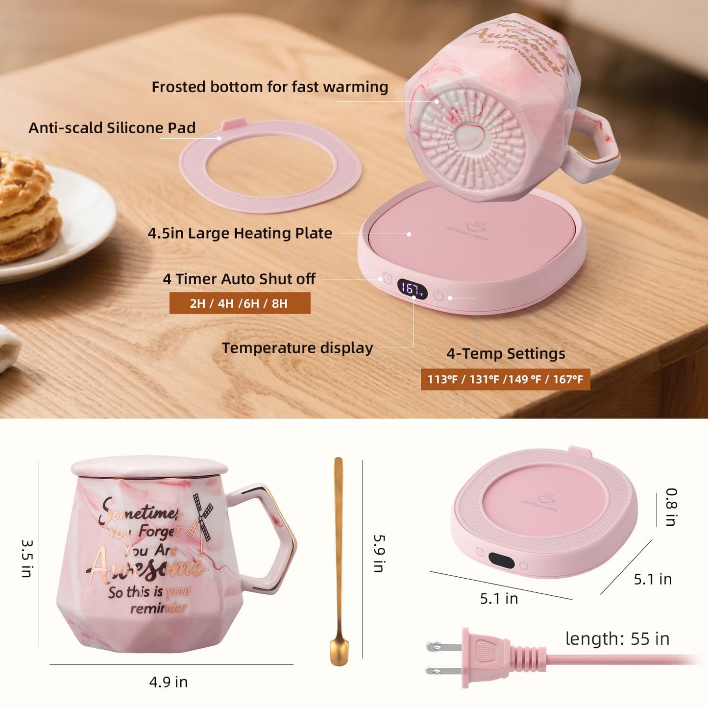 Coffee Mug Warmer & You are Awesome Mug Set, Smart Heated Electric Cup Warmer for Desk Office, 4 Temperature Control Beverage Tea Coffee Warmer, 8 Hrs Auto Shut Off Candle Plate, Ideal Gifts for Women