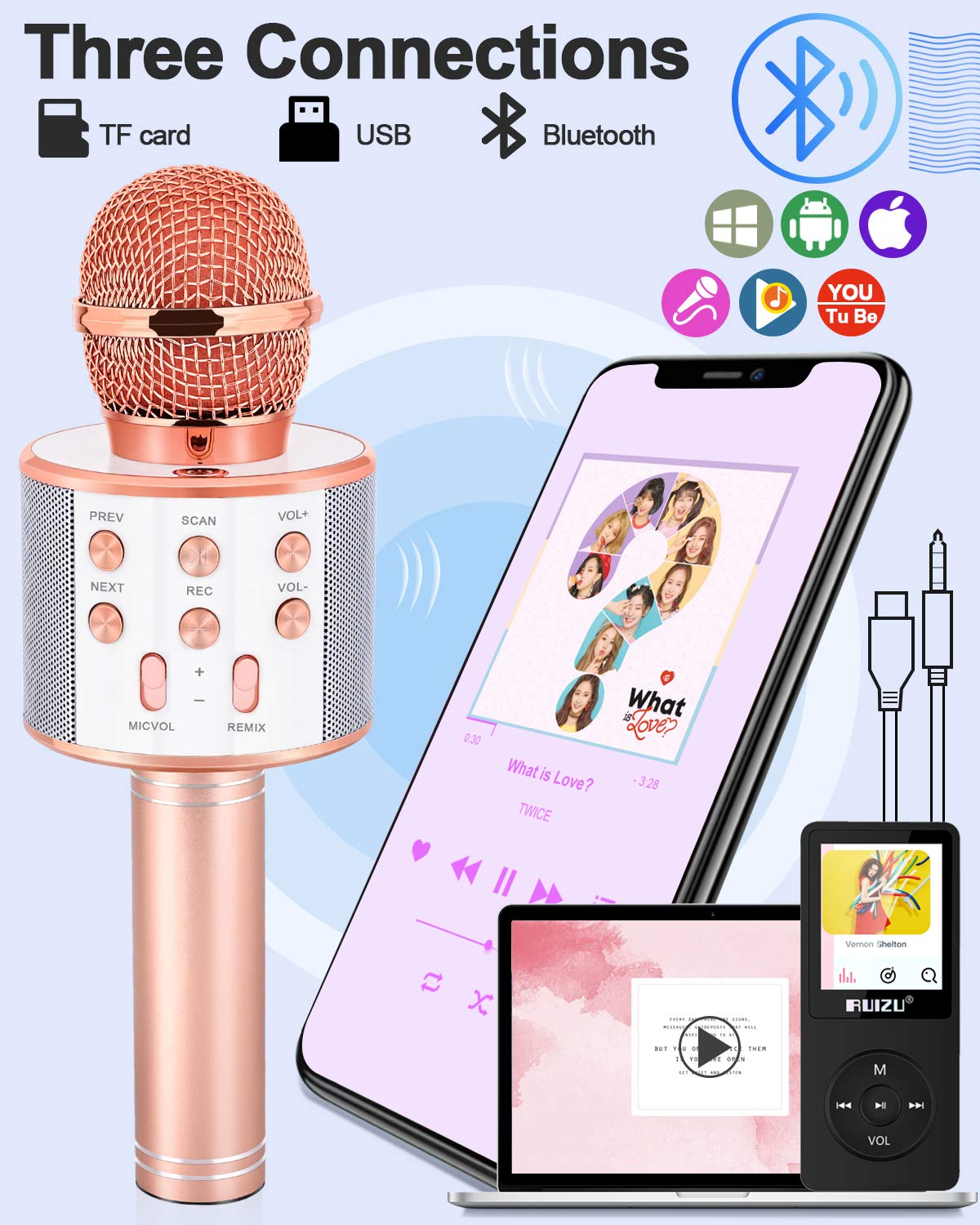 Dodosky Toys for Girls Age 5-12, Wireless Bluetooth Karaoke Microphone for Kids Popular Toys for 5 6 7 8 9 10 11 12 Year Olds Girls Boys Best Gifts for 5-12 Year Olds Girl Boy Teen - Champagne