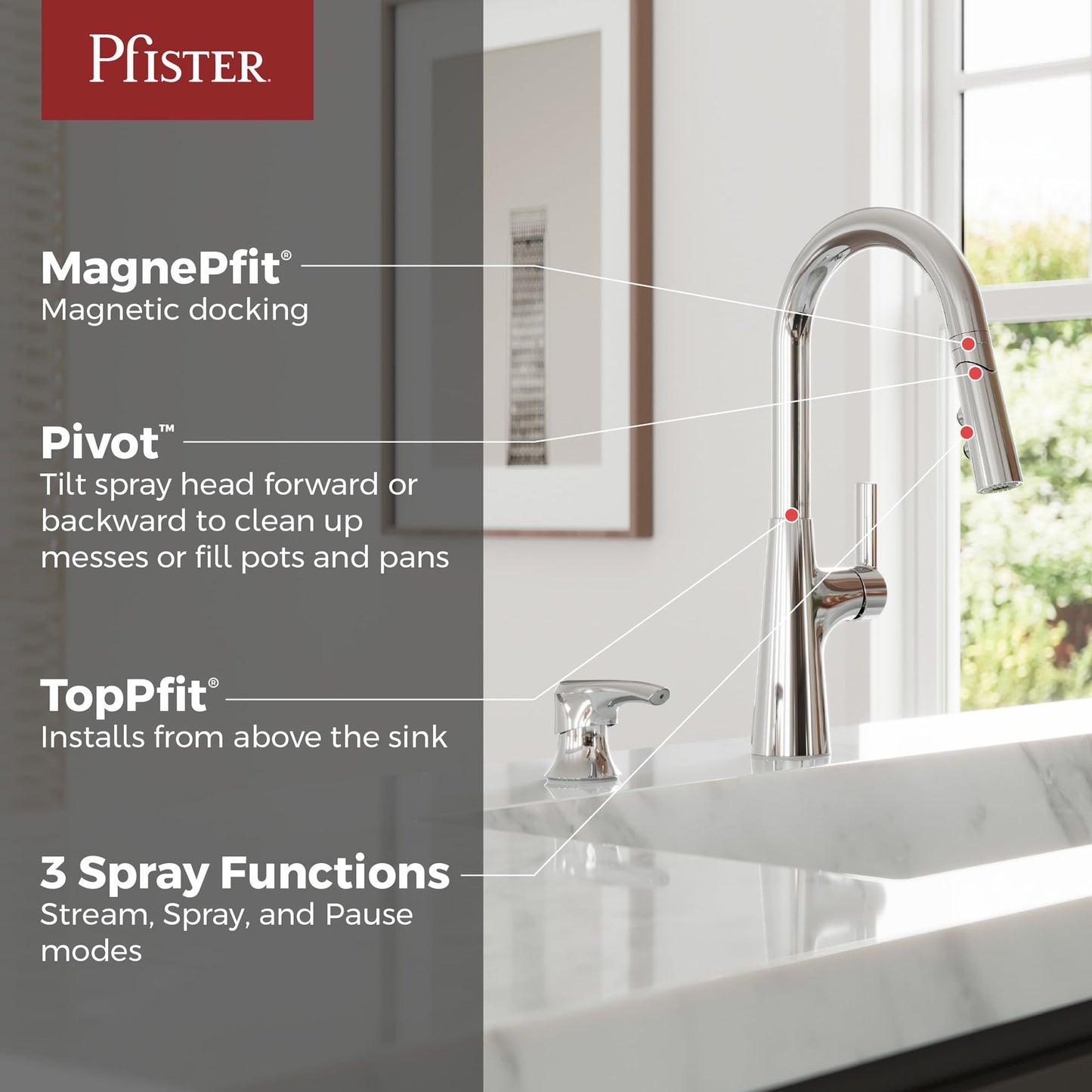Pfister Tasso Kitchen Faucet with Pull Down Sprayer and Soap Dispenser, Single Handle, High Arc, NSF Certified, Polished Chrome Finish, F5297TSOC
