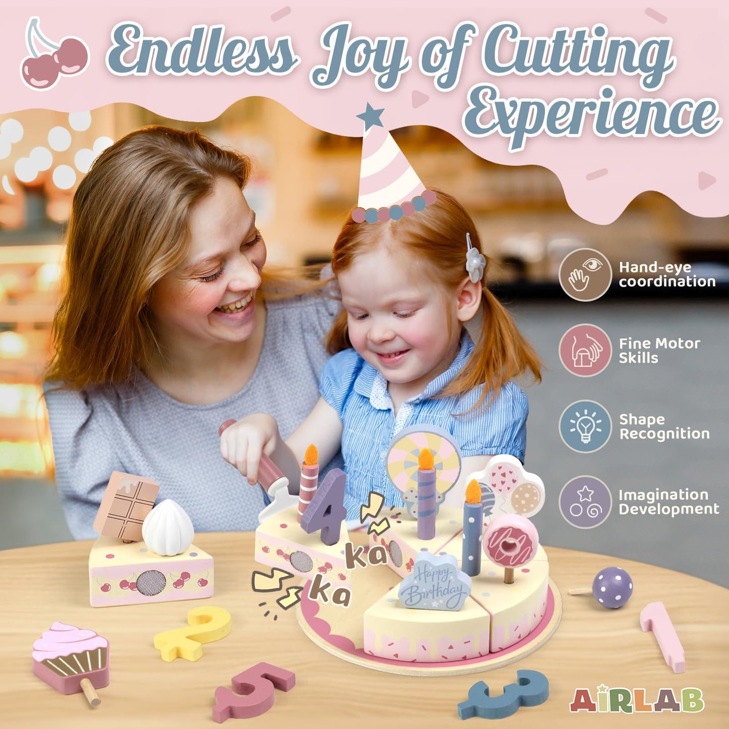 Wooden Birthday Party Cake Play Food Sets for Toddler 2 3 4 5 Year Old Girls Boys Kids Kitchen Accessories Pretend Play Toy Gift Educational Toys