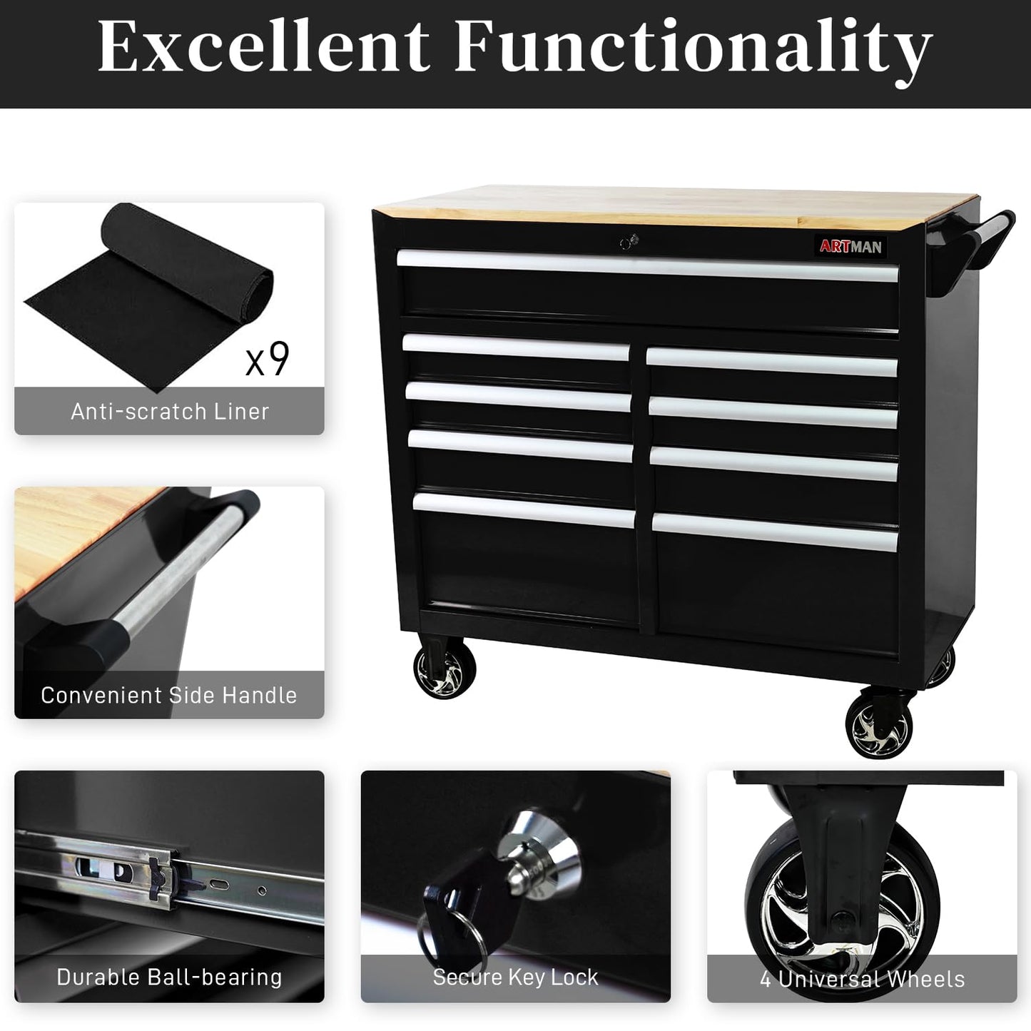 Heavy Duty Rolling Tool Chest with 9-Drawer Wood Top Tool Cart Mechanic Tool Box with Wheels Tool Storage Cabinet Mobile Workbench Tool Bench for Garage, Warehouse, Workshop, Repair Shop (Black)