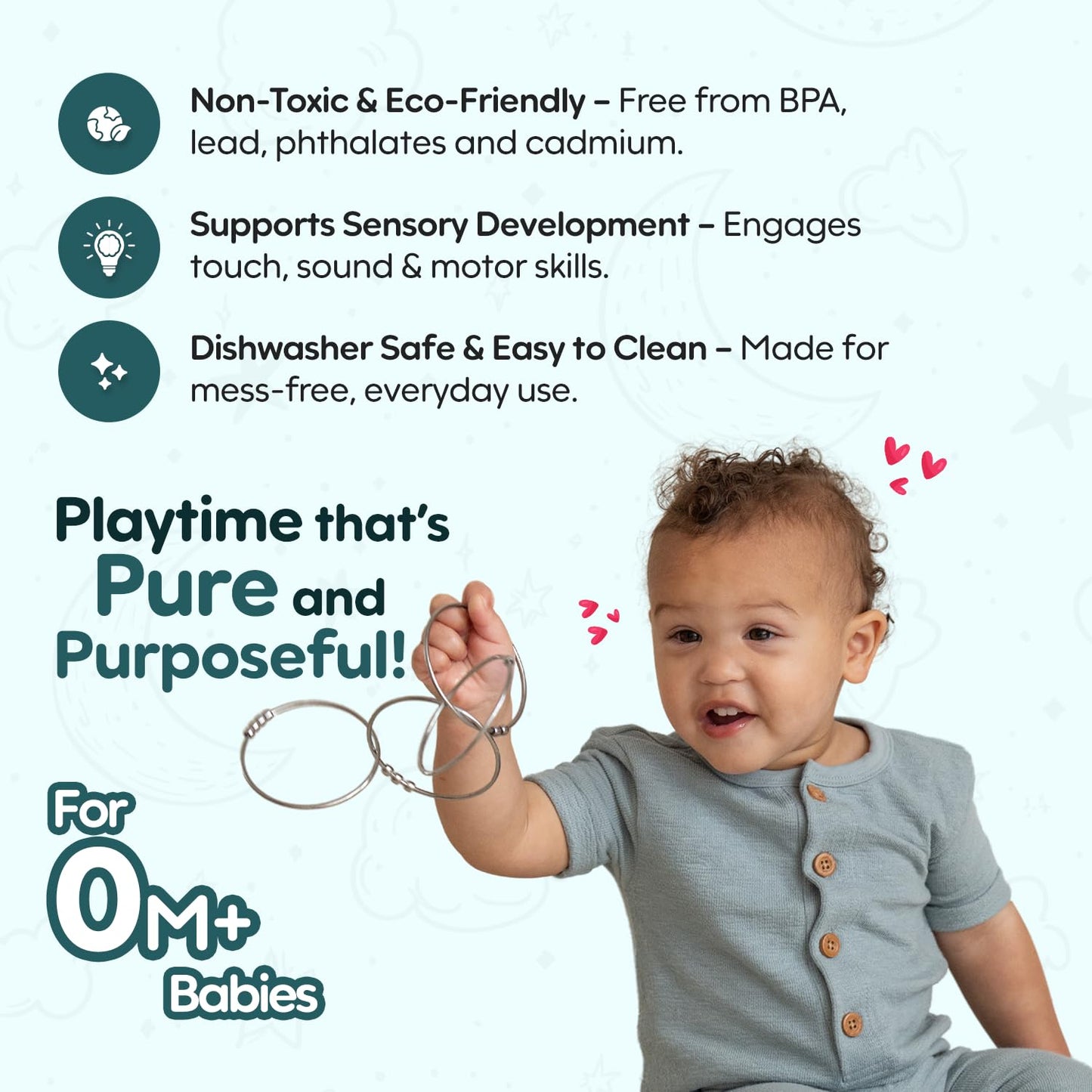Jangles - Made in USA Stainless Steel Baby Rattle, Teether, Teething Bracelet & Fidget Toy – Heirloom Quality, Safe, Non-Toxic, BPA-Free – Ideal for Teething, Sensory Play & Early Development