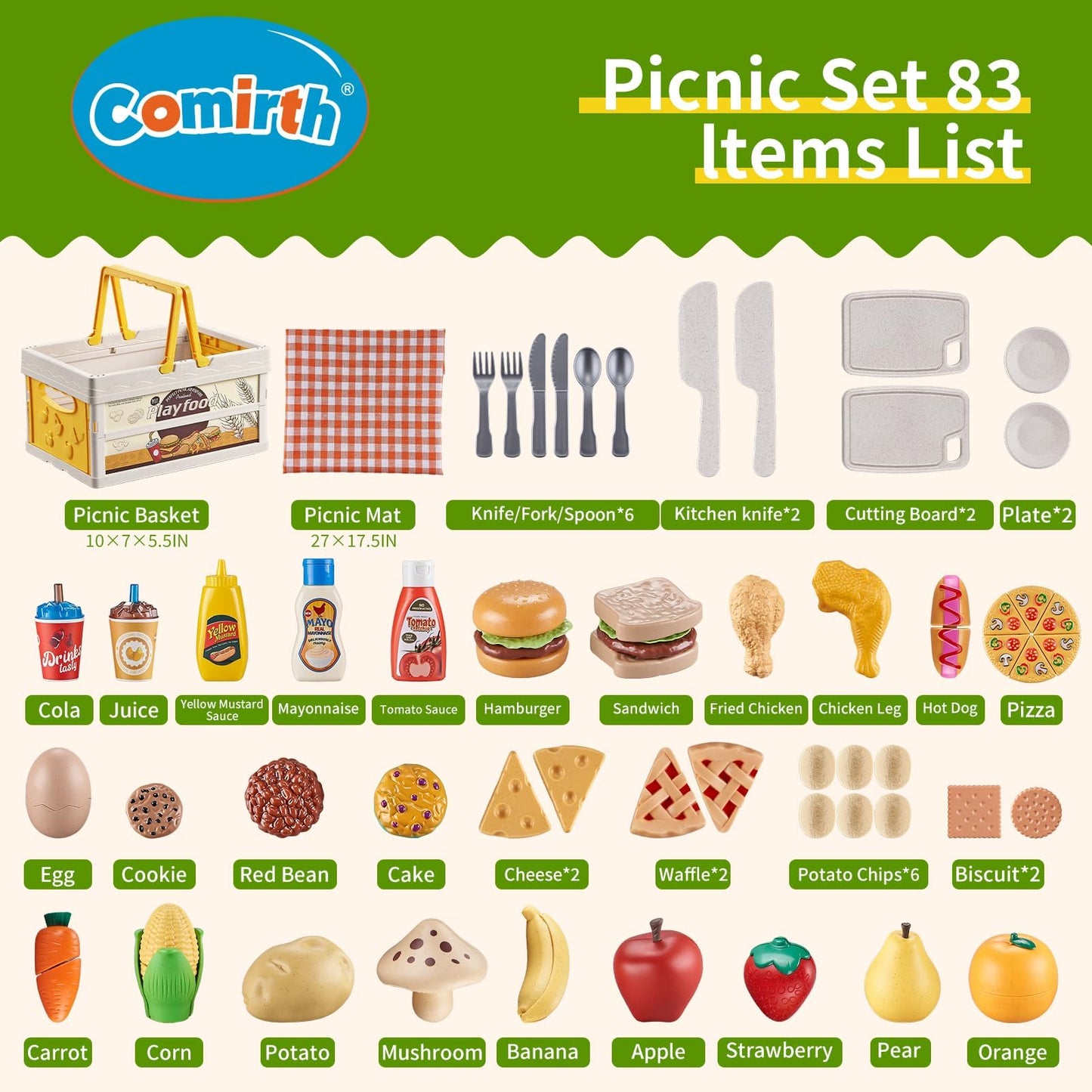 Play Food Sets for Kids Kitchen, Wheat Straw Pretend Food Toys with Kids Picnic Basket and Picnic Blanket, Cutting Toy Food, Fake Food with Pizza Toy, Play Kitchen Accessories, STEM Gift for Boy Girl