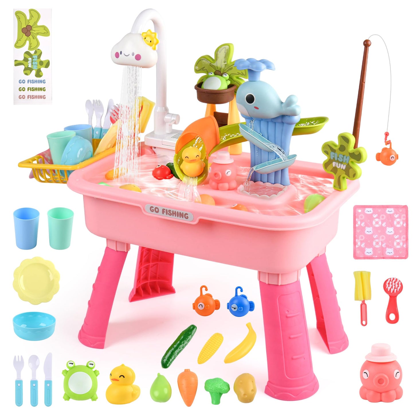 HUASHILUO Upgraded Water Table for Toddlers 1-3 with Electric Water Pump, Kids Water Table with Faucet, Play Food Accessories Fishing Toy, Kitchen Play Sink Toys for Girl Boy